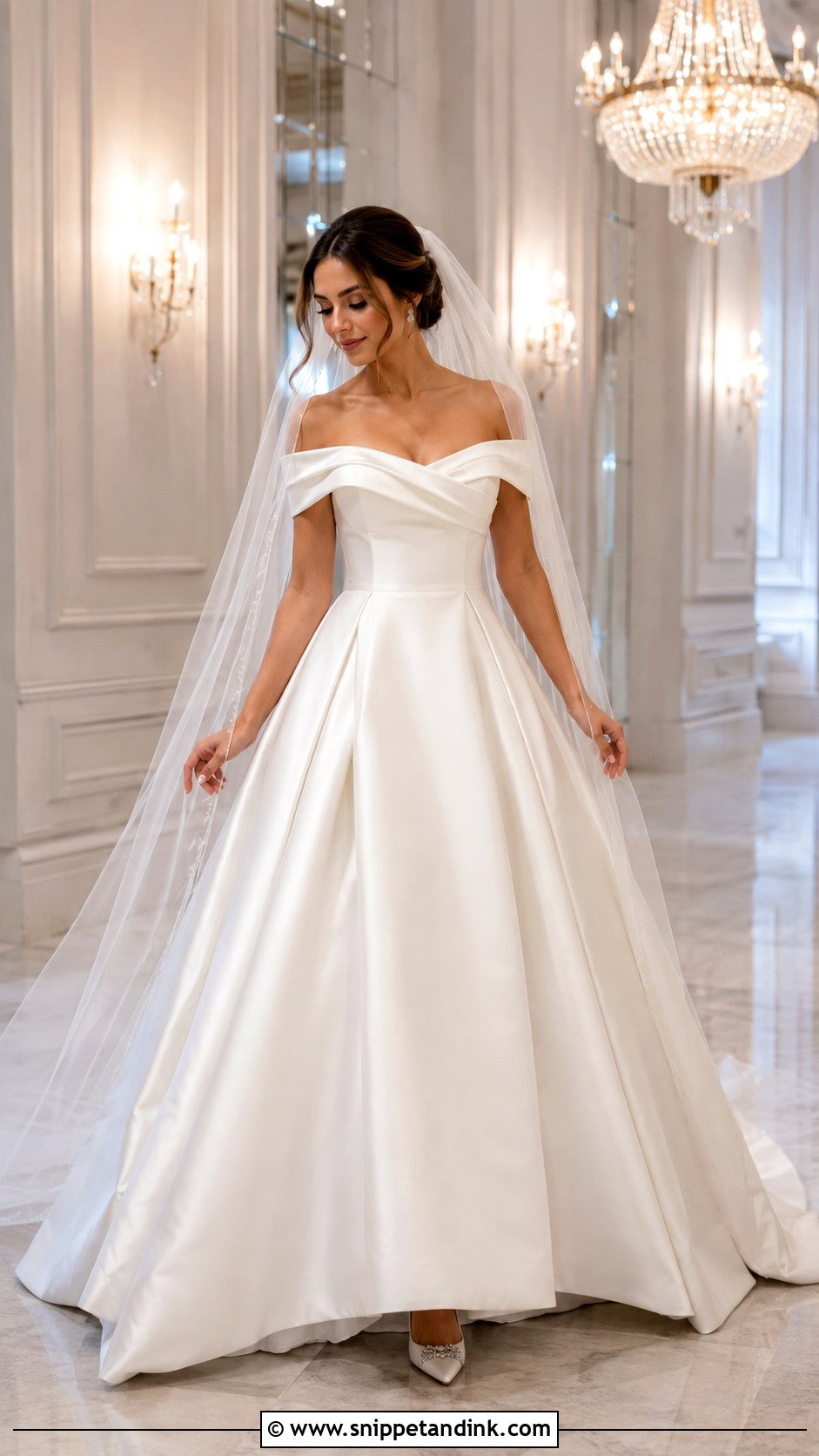 Off Shoulder Satin Ball Gown Wedding Dress - Snippet and Ink - 20 Modern Romantic Wedding Dress Ideas