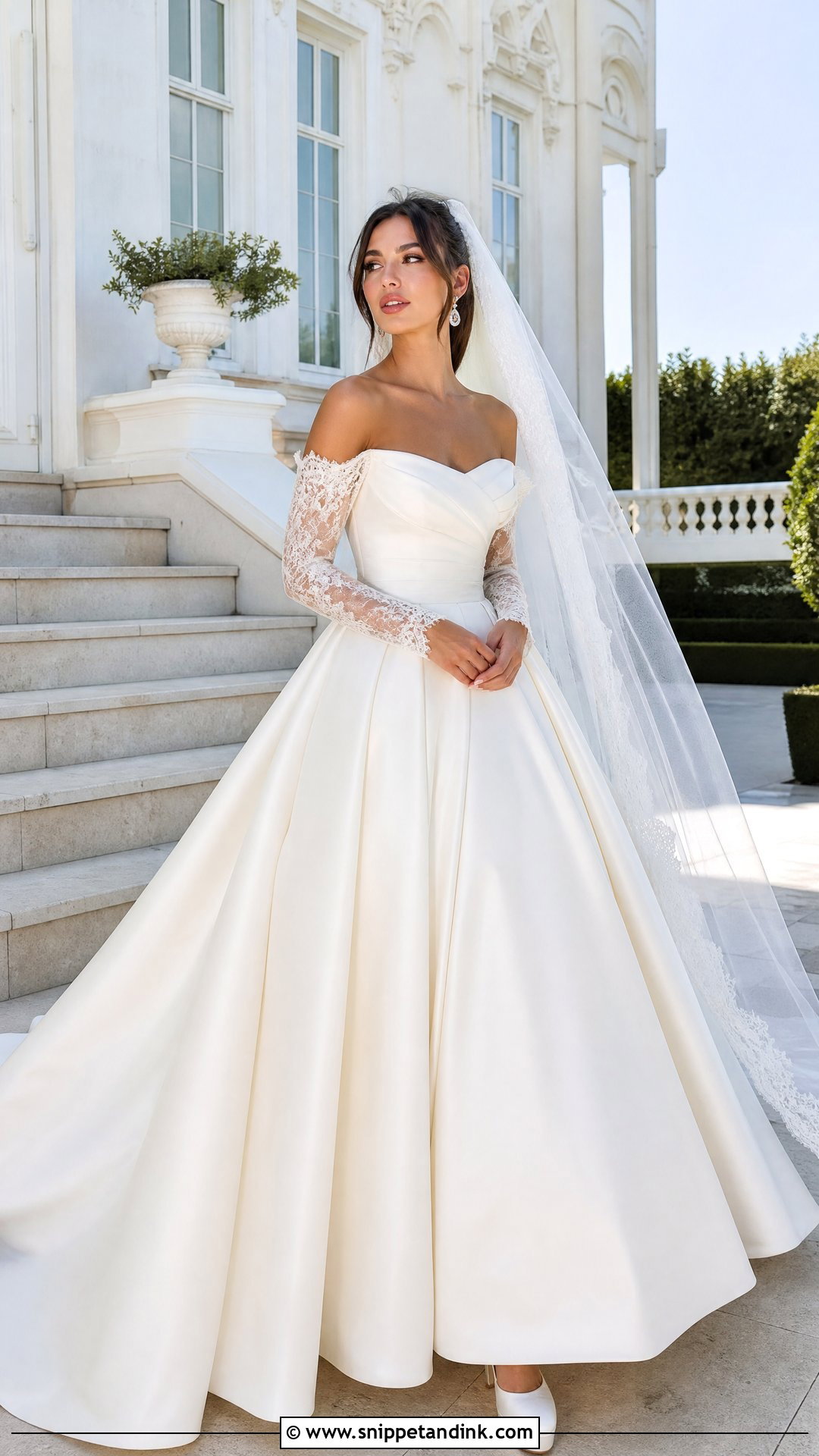 Off Shoulder Satin Ball Gown With Lace Sleeves - Snippet and Ink - 20 Satin and Lace Wedding Dresses