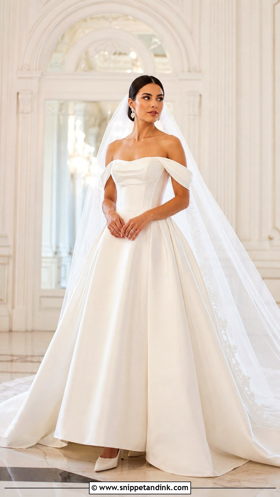 Off Shoulder Satin Ball Gown With Sleeves - Snippet and Ink - 20 Romantic Wedding Dress with Sleeves