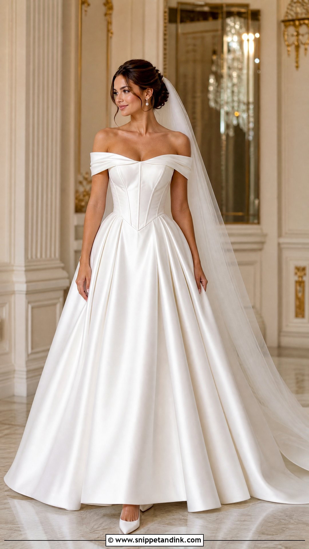 Off Shoulder Satin Basque Waist Wedding Dress - Snippet and Ink - 20 Satin Basque Waist Wedding Dress Ideas