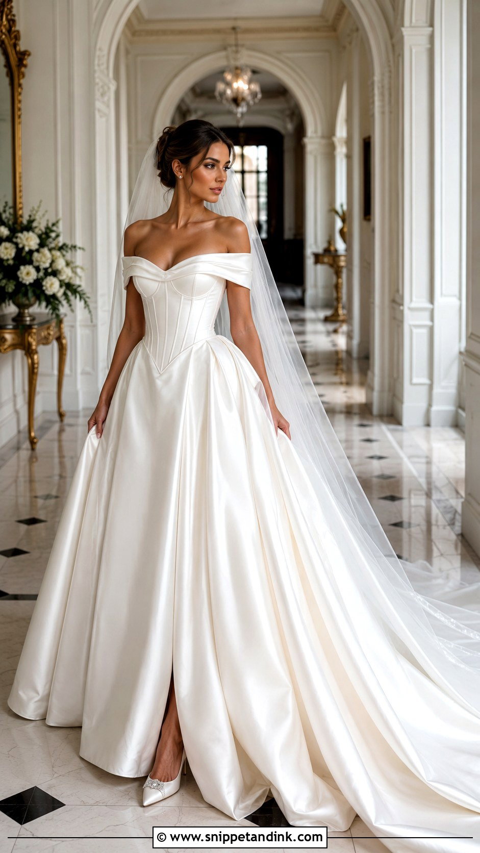 Off Shoulder Satin Basque Waist Wedding Dress - Snippet and Ink - 20 Classy Satin Wedding Dress Ideas