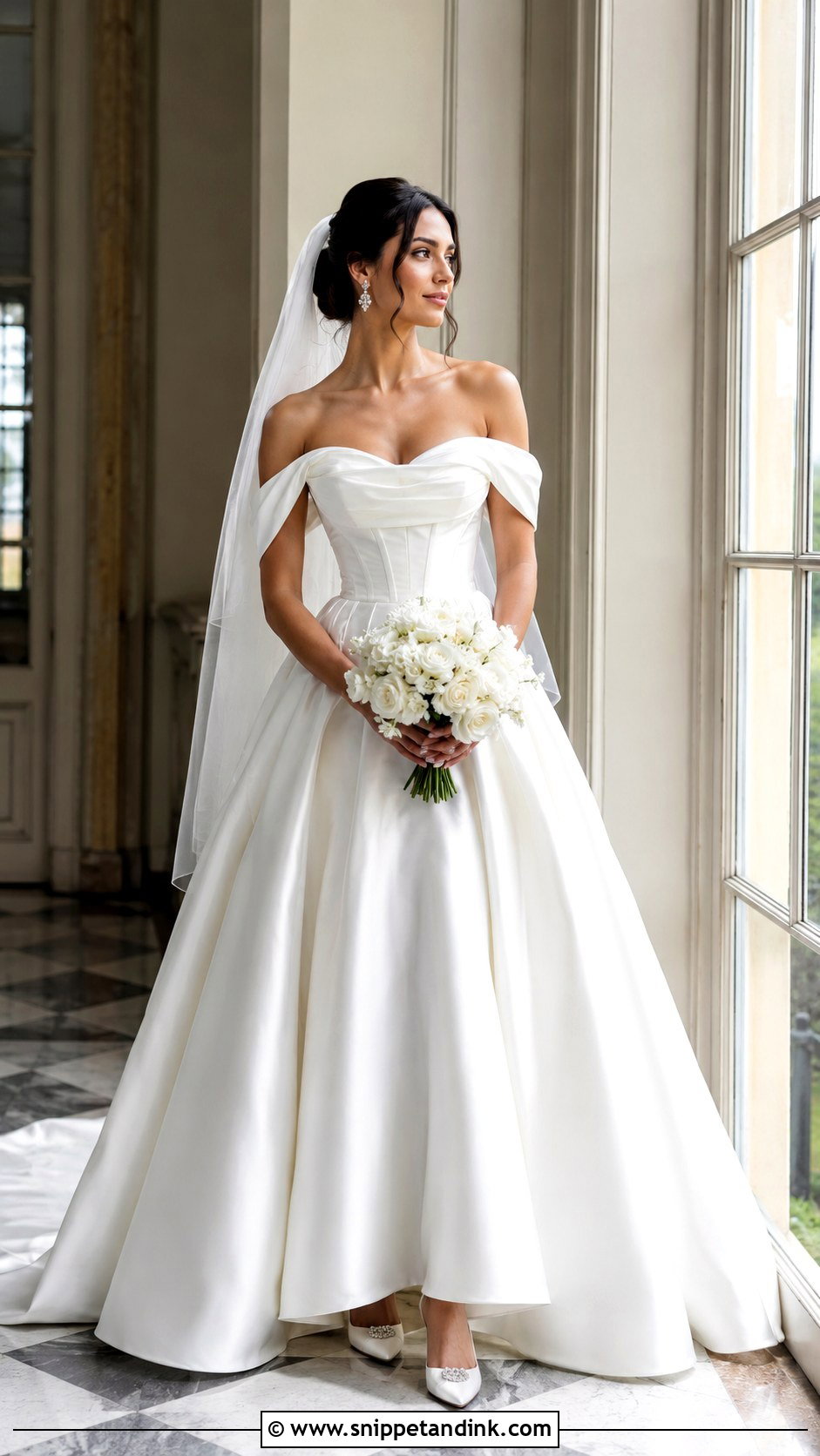 Off Shoulder Satin Corseted Wedding Dress - Snippet and Ink - 20 Corseted Wedding Dress Ideas