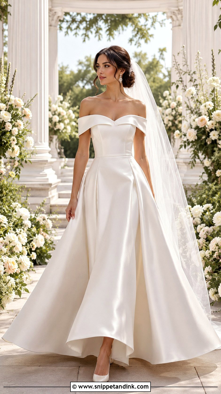 Off Shoulder Satin Fit And Flare Wedding Dress - Snippet and Ink - 25 Satin Fit and Flare Wedding Dress Ideas