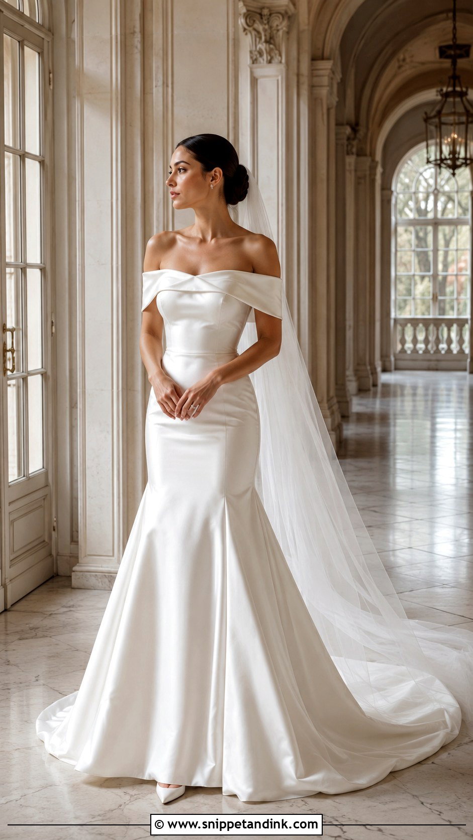 Off Shoulder Satin French Wedding Dress - Snippet and Ink - 20 French Wedding Dresses