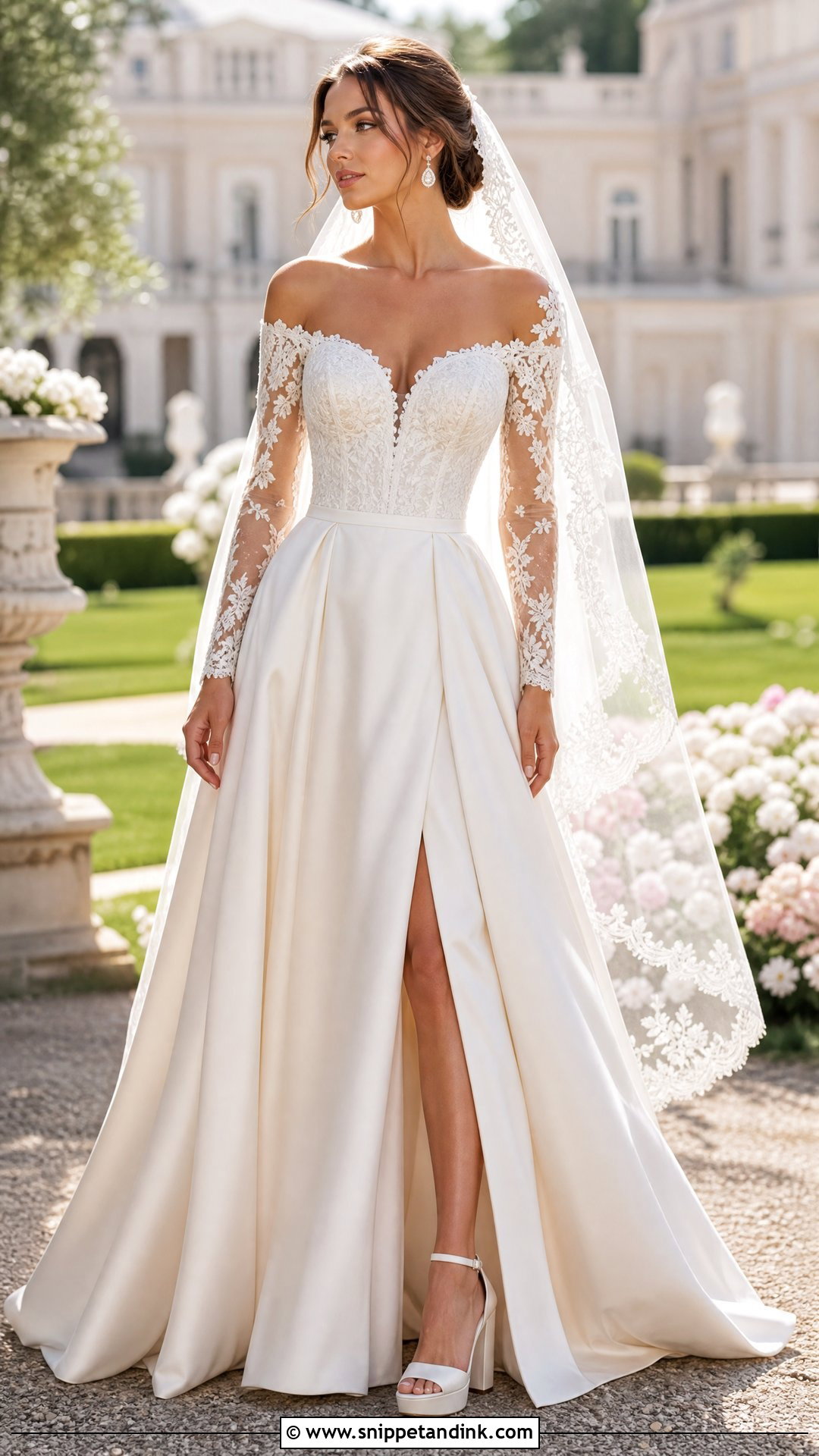 Off Shoulder Satin Lace Wedding Dress - Snippet and Ink - 20 Satin Lace Wedding Dress Ideas