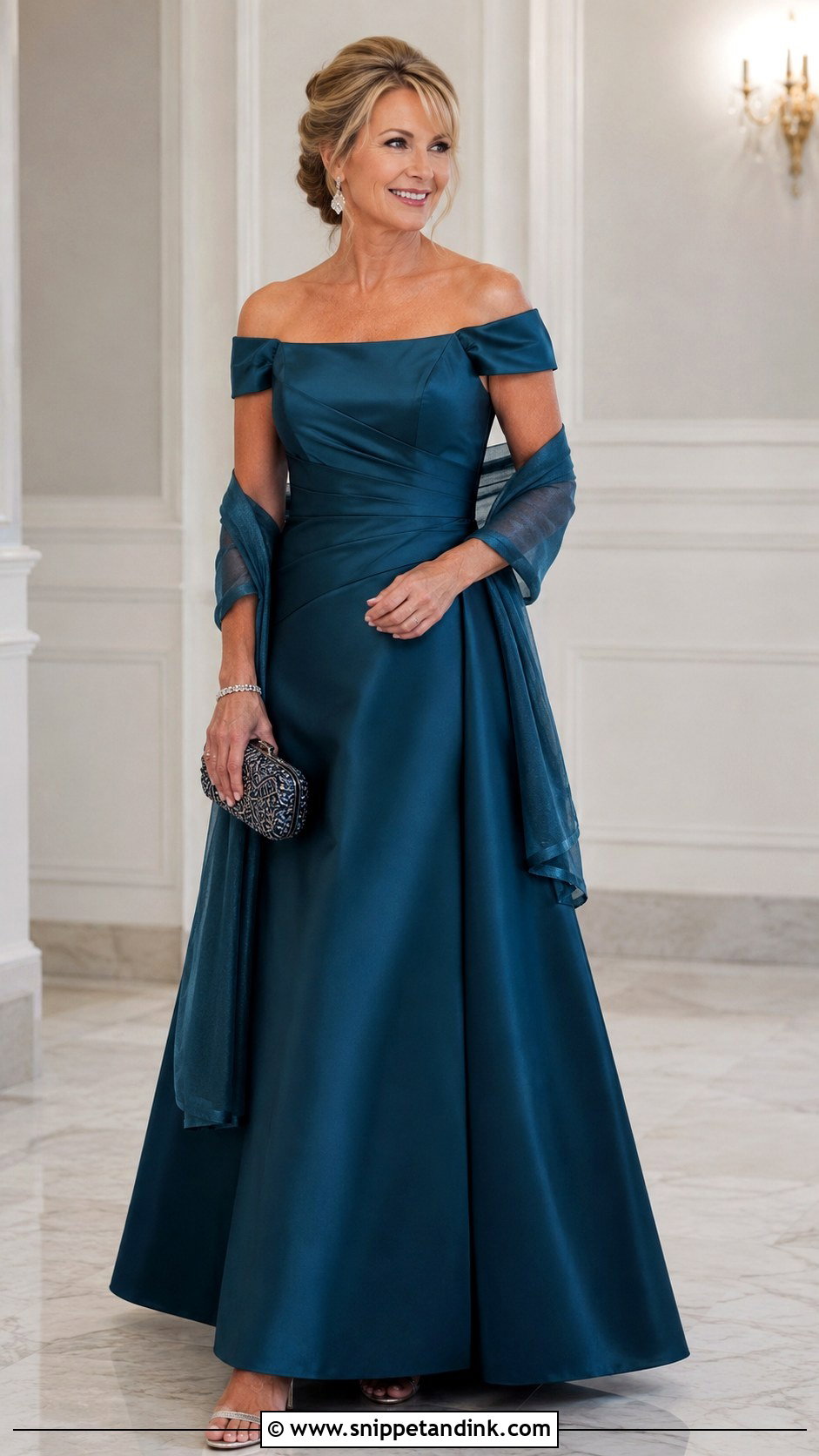 Off Shoulder Satin Mother Of The Bride Gown - Snippet and Ink - 20 Moms Wedding Dress Ideas