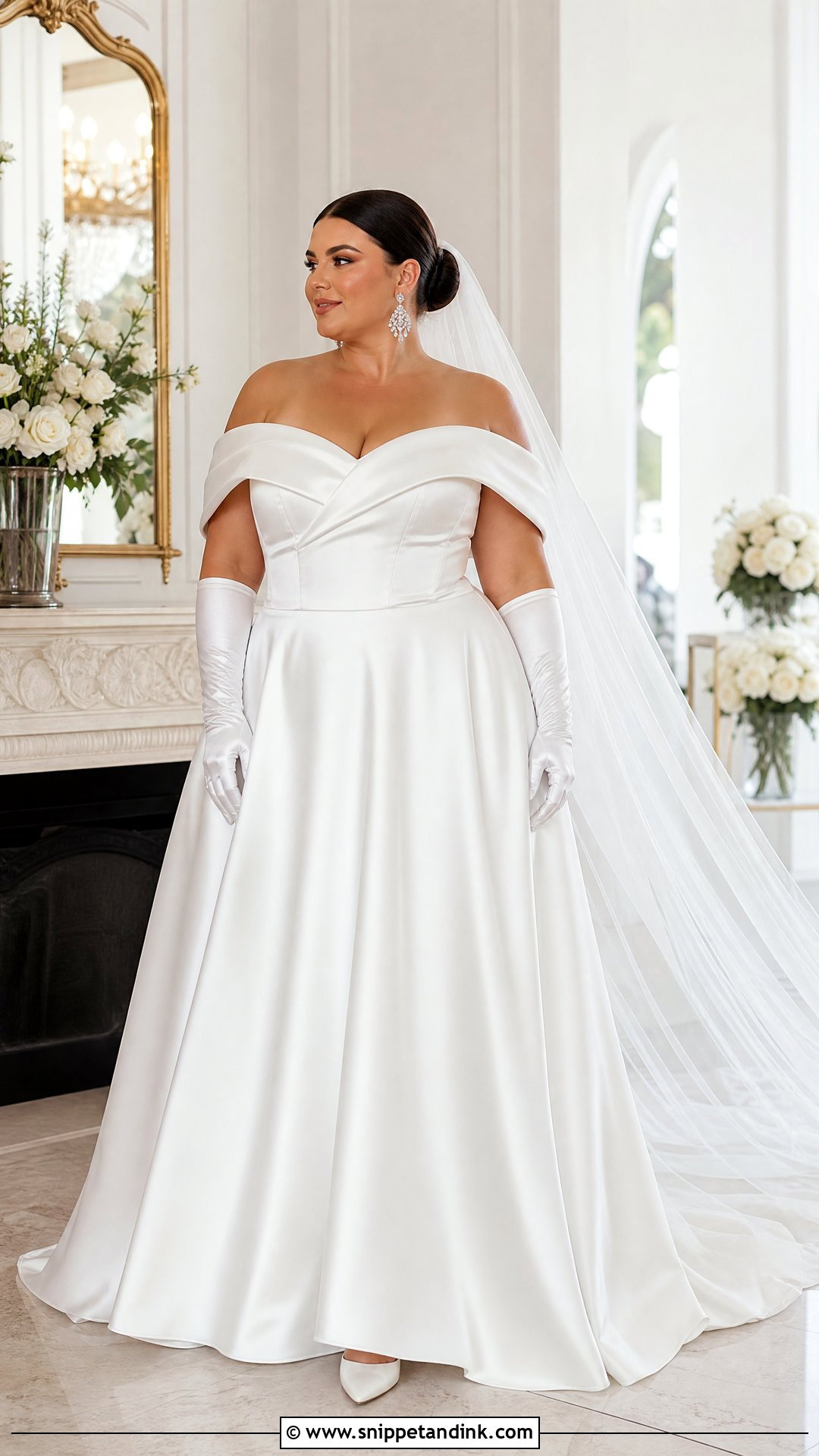 Off Shoulder Satin Plus Size Wedding Dress - Snippet and Ink - 20 Vintage Plus Size Wedding Dresses