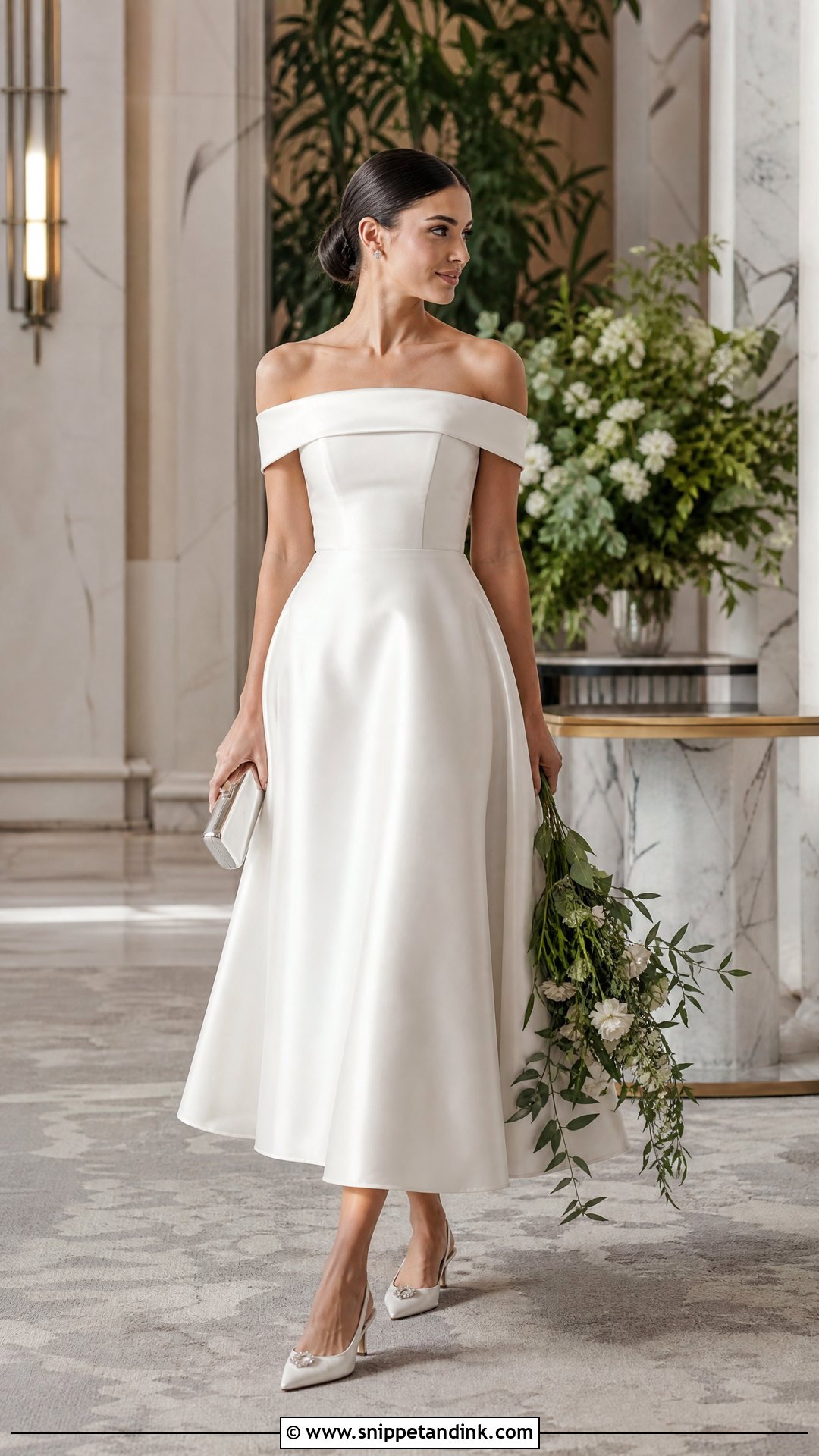 Off Shoulder Satin Tea Length Wedding Dress - Snippet and Ink - 20 Tea Length Wedding Dresses