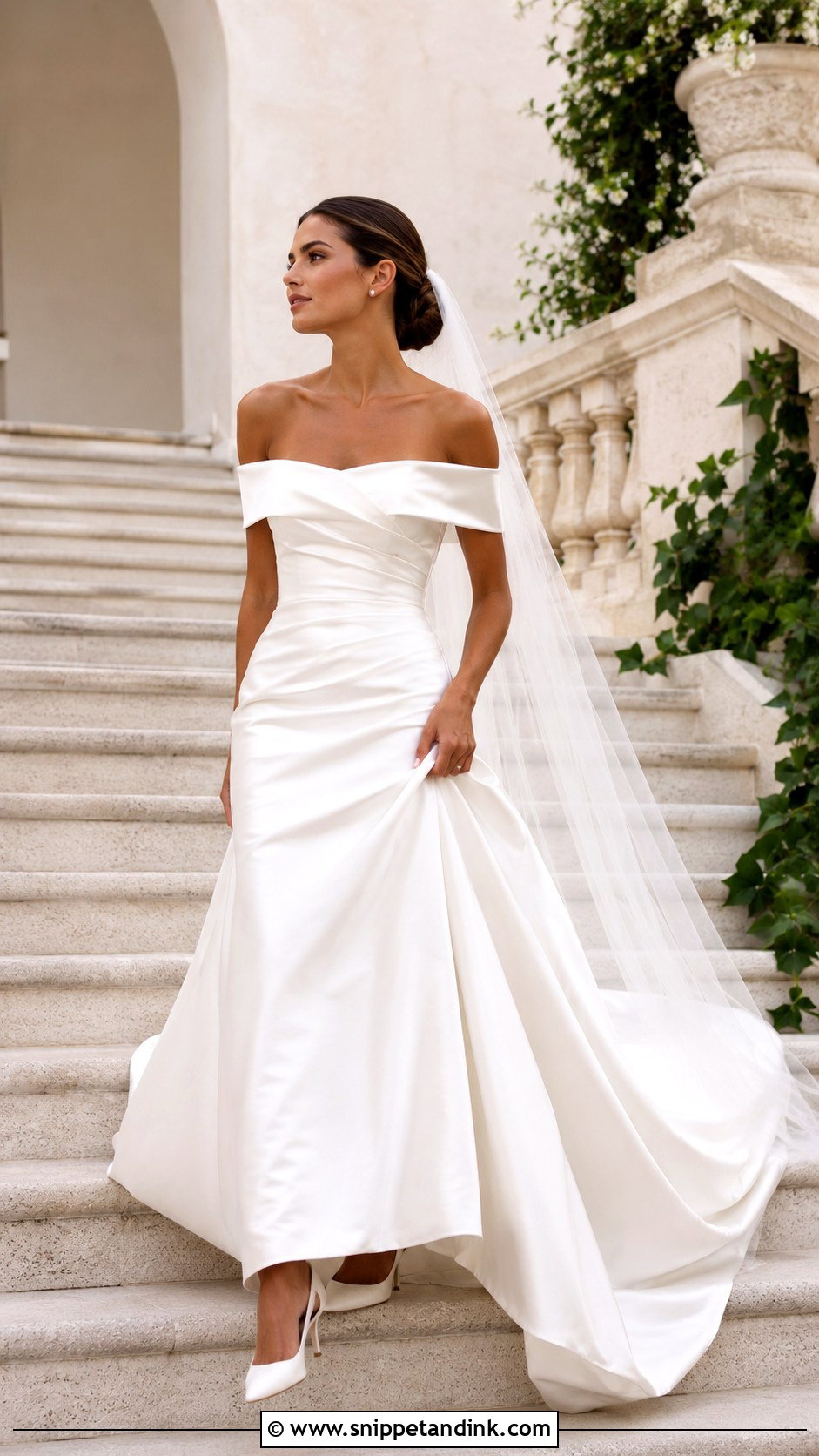 Off Shoulder Satin Wedding Dress - Snippet and Ink - 20 Mediterranean Wedding Dress Ideas
