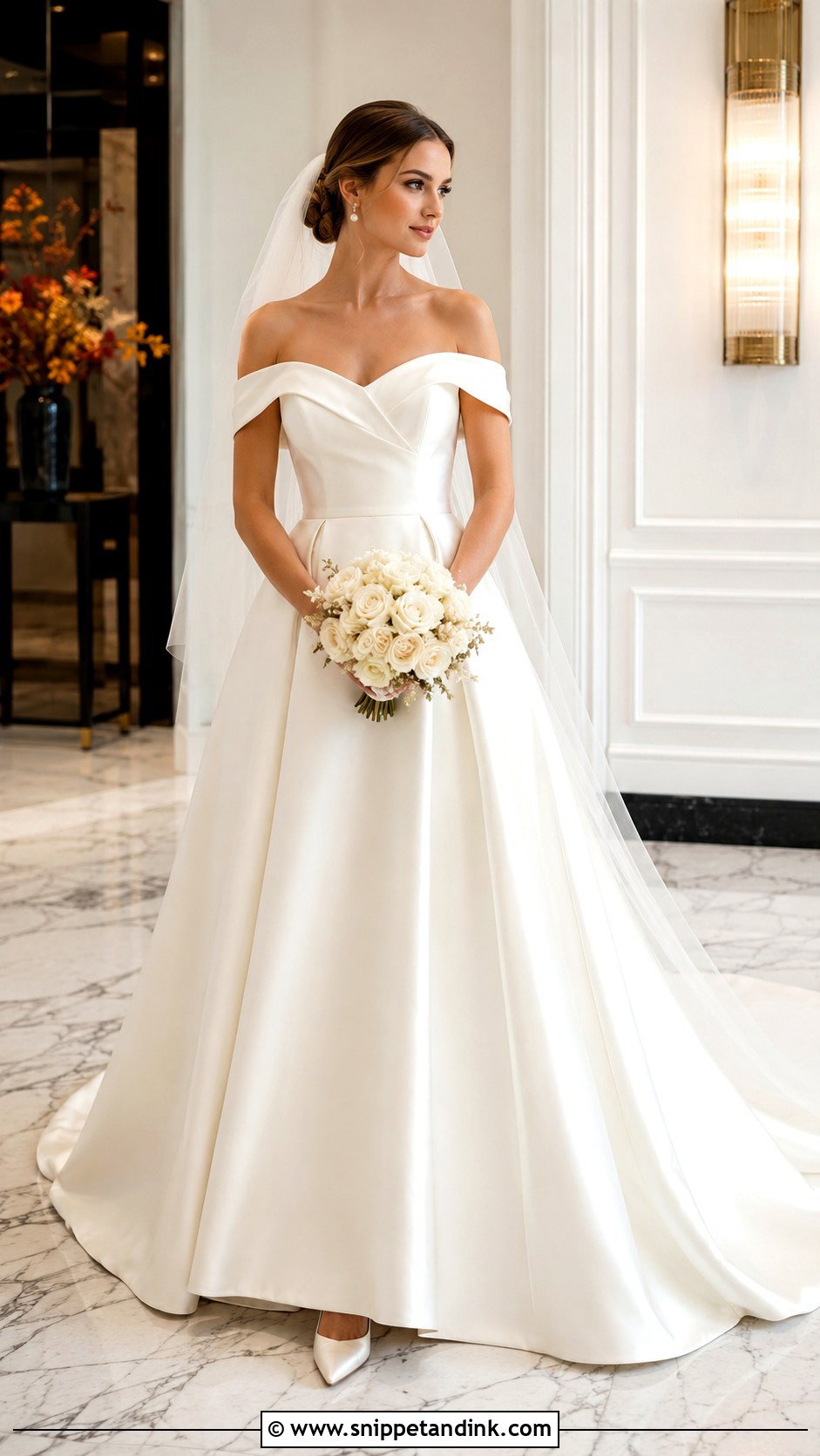 Off Shoulder Satin Wedding Dress - Snippet and Ink - 20 Elegant Romantic Wedding Dresses