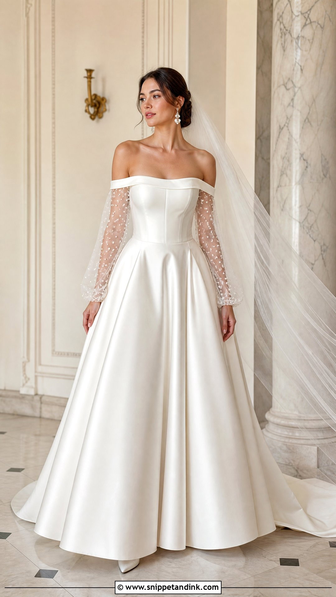 Off Shoulder Satin Wedding Dress With Pearl Sleeves - Snippet and Ink - 20 Satin and Pearl Wedding Dress Ideas