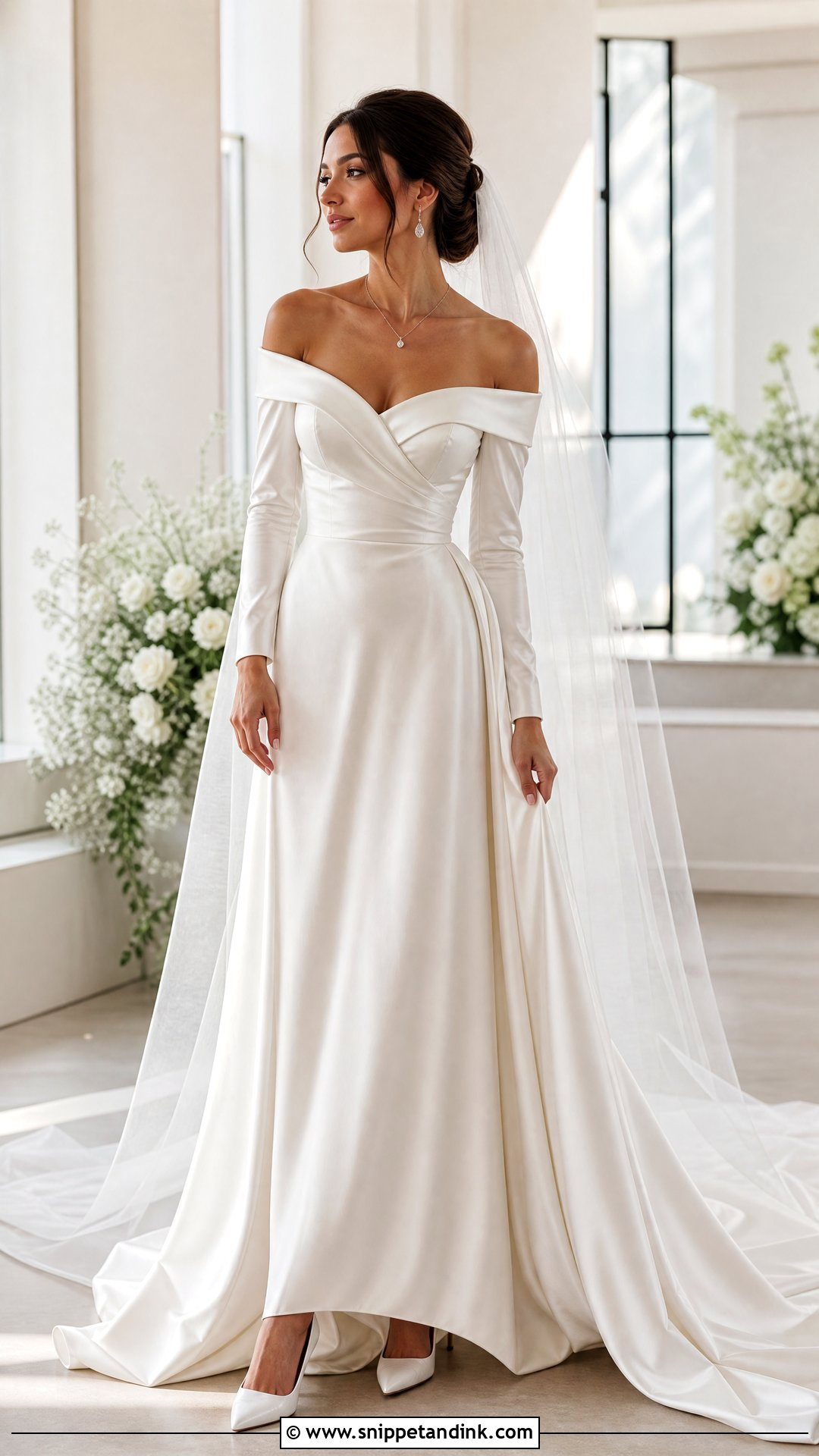 Off Shoulder Satin Wedding Gown with Sleeves - Snippet and Ink - 20 Satin Wedding Gown with Sleeves