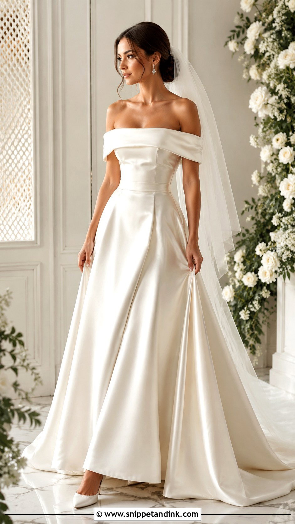 Off Shoulder Satin Wedding Gown - Snippet and Ink - 30 Satin Wedding Gown Ideas