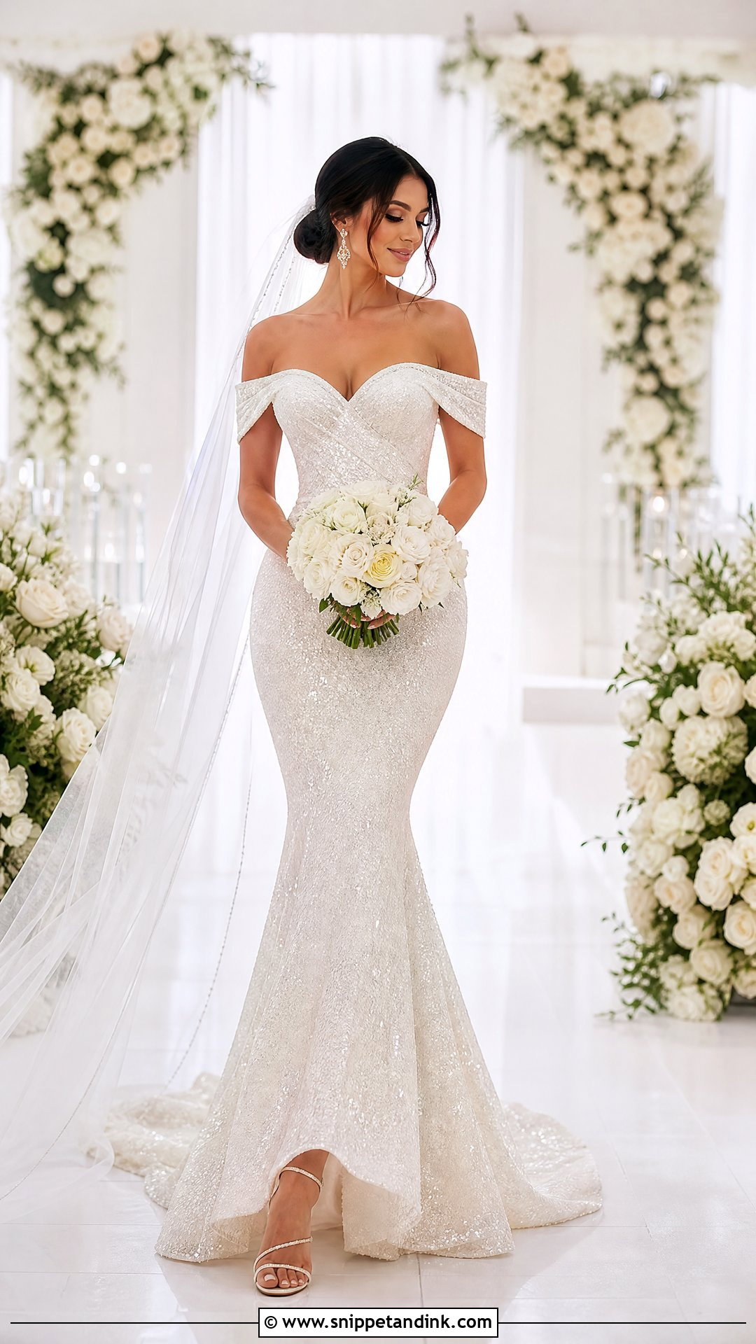 Off Shoulder Sequin Mermaid Wedding Dress - Snippet and Ink - 20 Sparkly Wedding Dress Mermaid Ideas