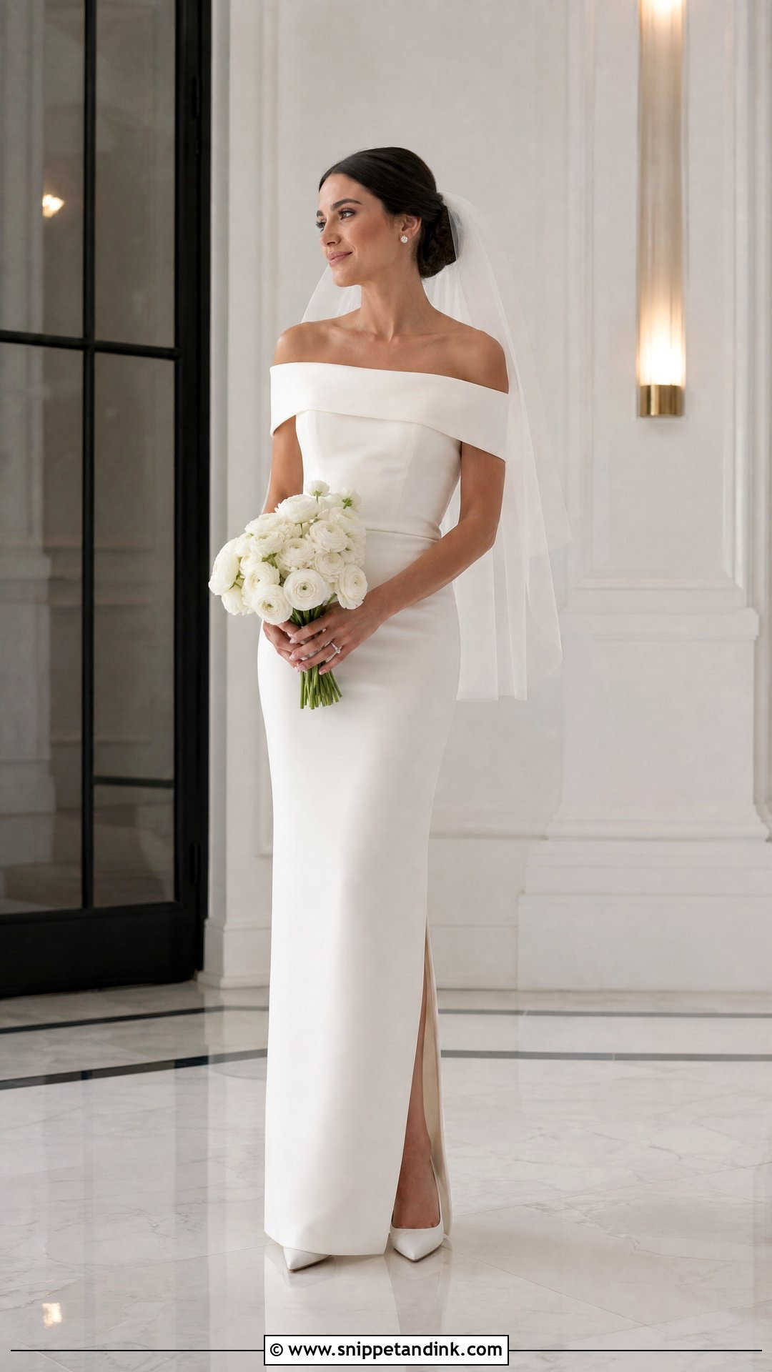Off Shoulder Sheath Wedding Dress - Snippet and Ink - 20 Understated Wedding Dress Ideas