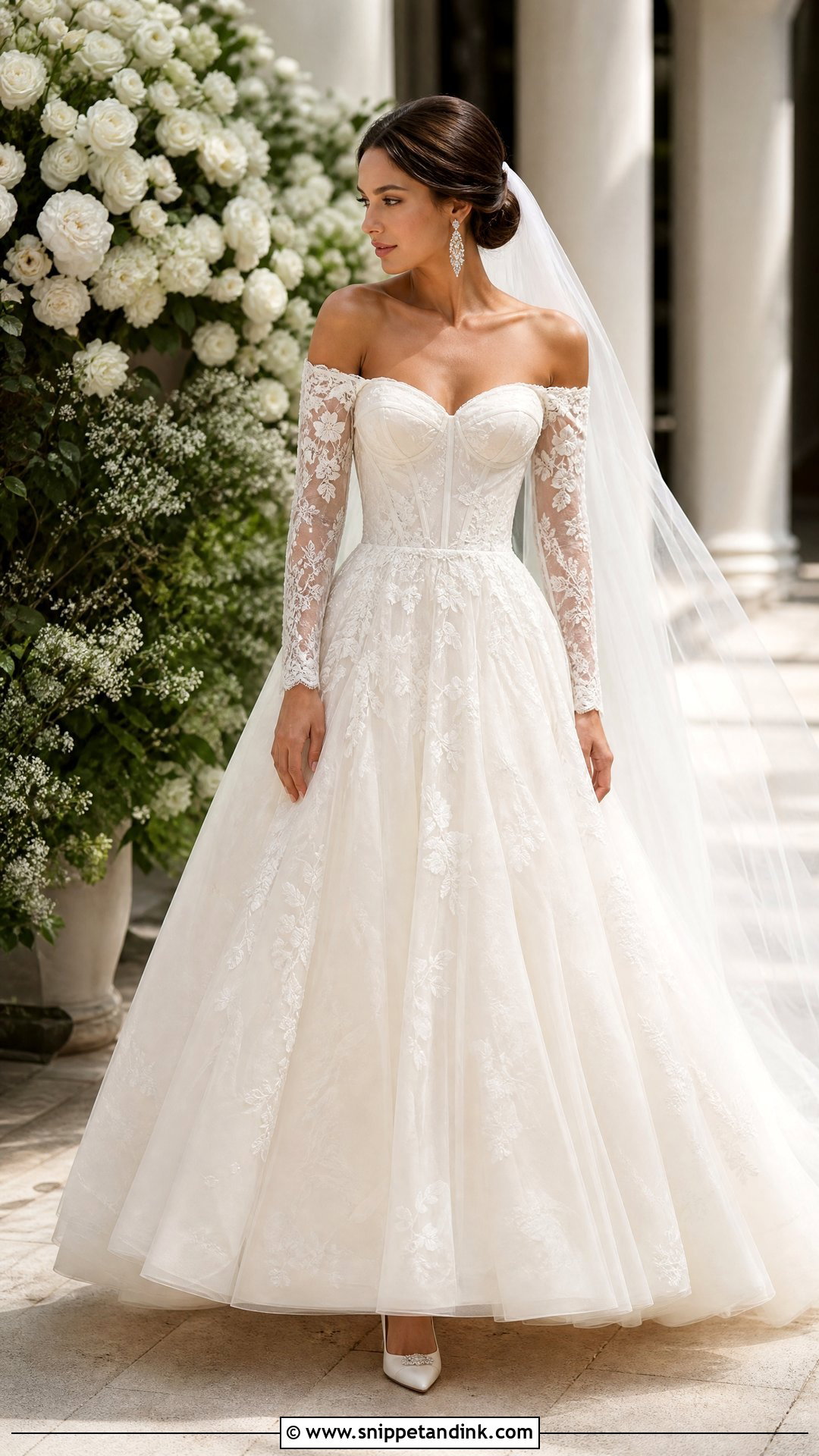 Off Shoulder Sheer Sleeve Wedding Dress - Snippet and Ink - 20 Sheer Sleeve Wedding Dress Ideas