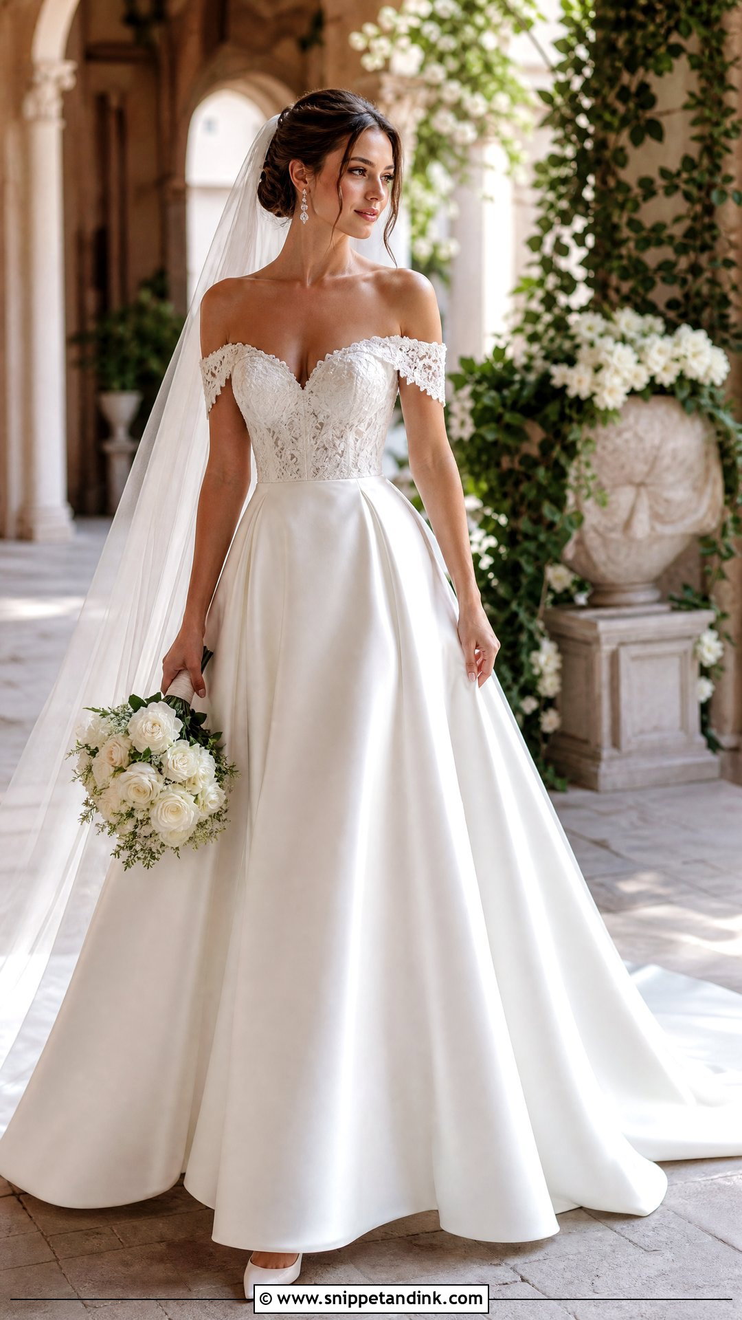 Off Shoulder Silk And Lace Wedding Dress - Snippet and Ink - 25 Silk and Lace Wedding Dress Ideas