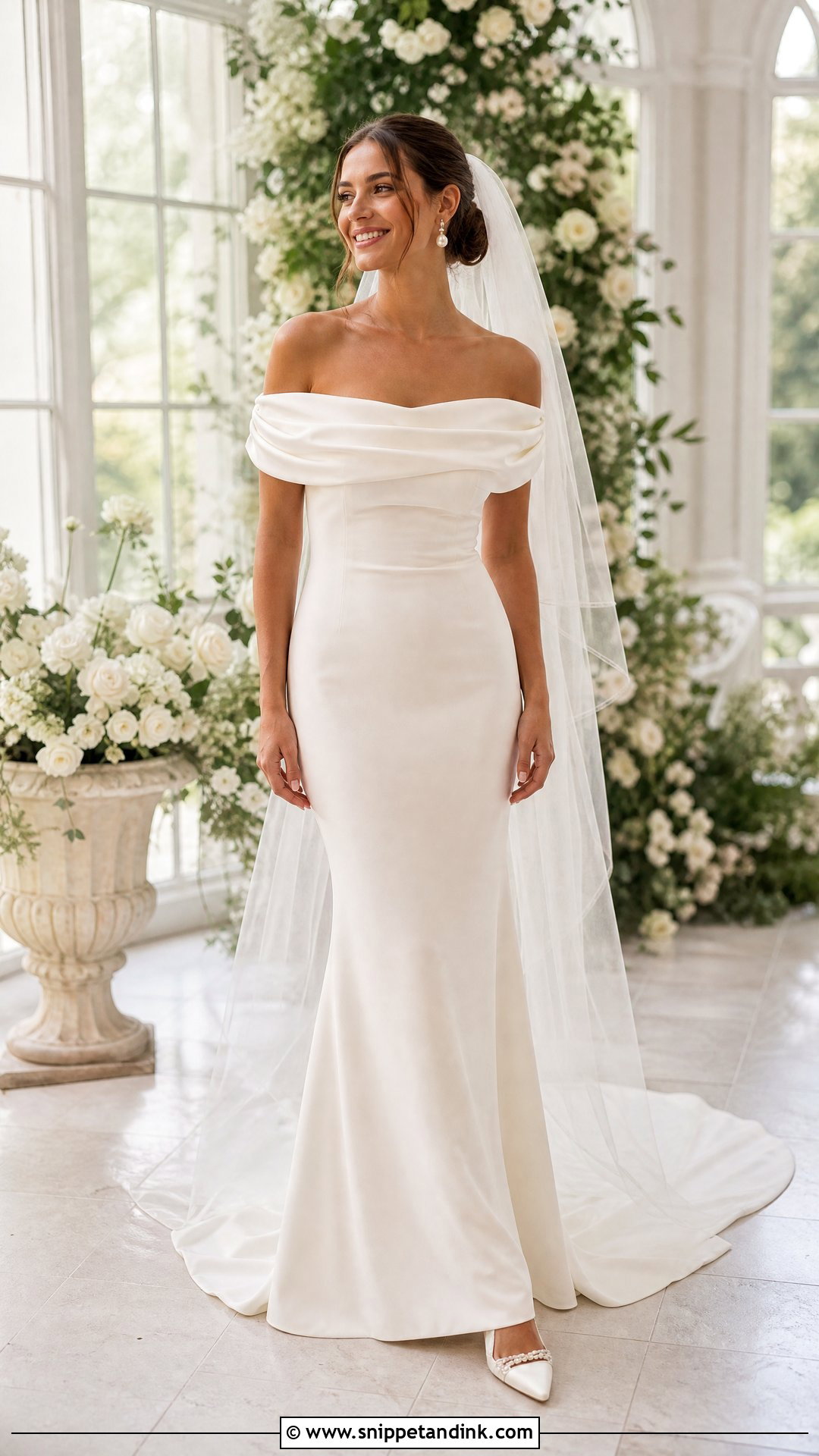 Off Shoulder Slinky Wedding Dress - Snippet and Ink - 20 Slinky Wedding Dress Ideas