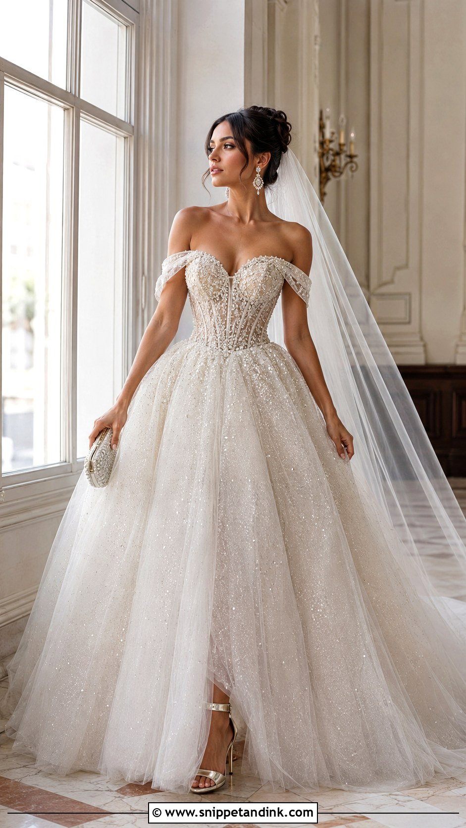 Off Shoulder Sparkly Ballgown Wedding Dress - Snippet and Ink - 20 Ballgown Wedding Dress Sparkly Ideas