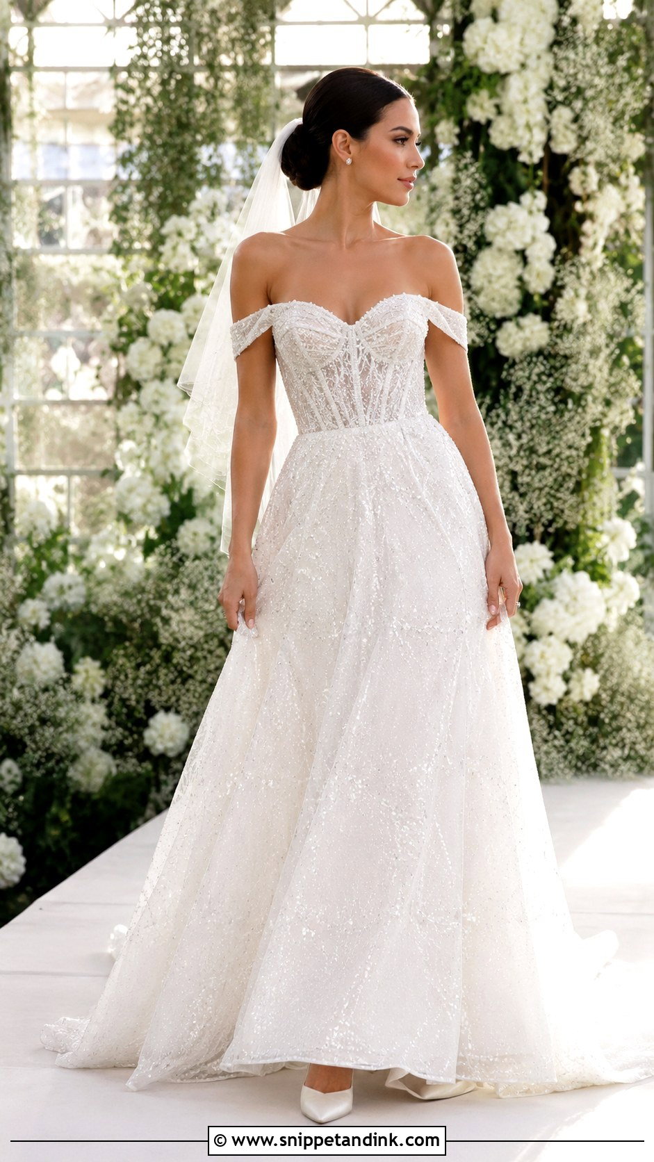 Off Shoulder Sparkly Wedding Dress - Snippet and Ink - 20 Glittery Wedding Dress Ideas
