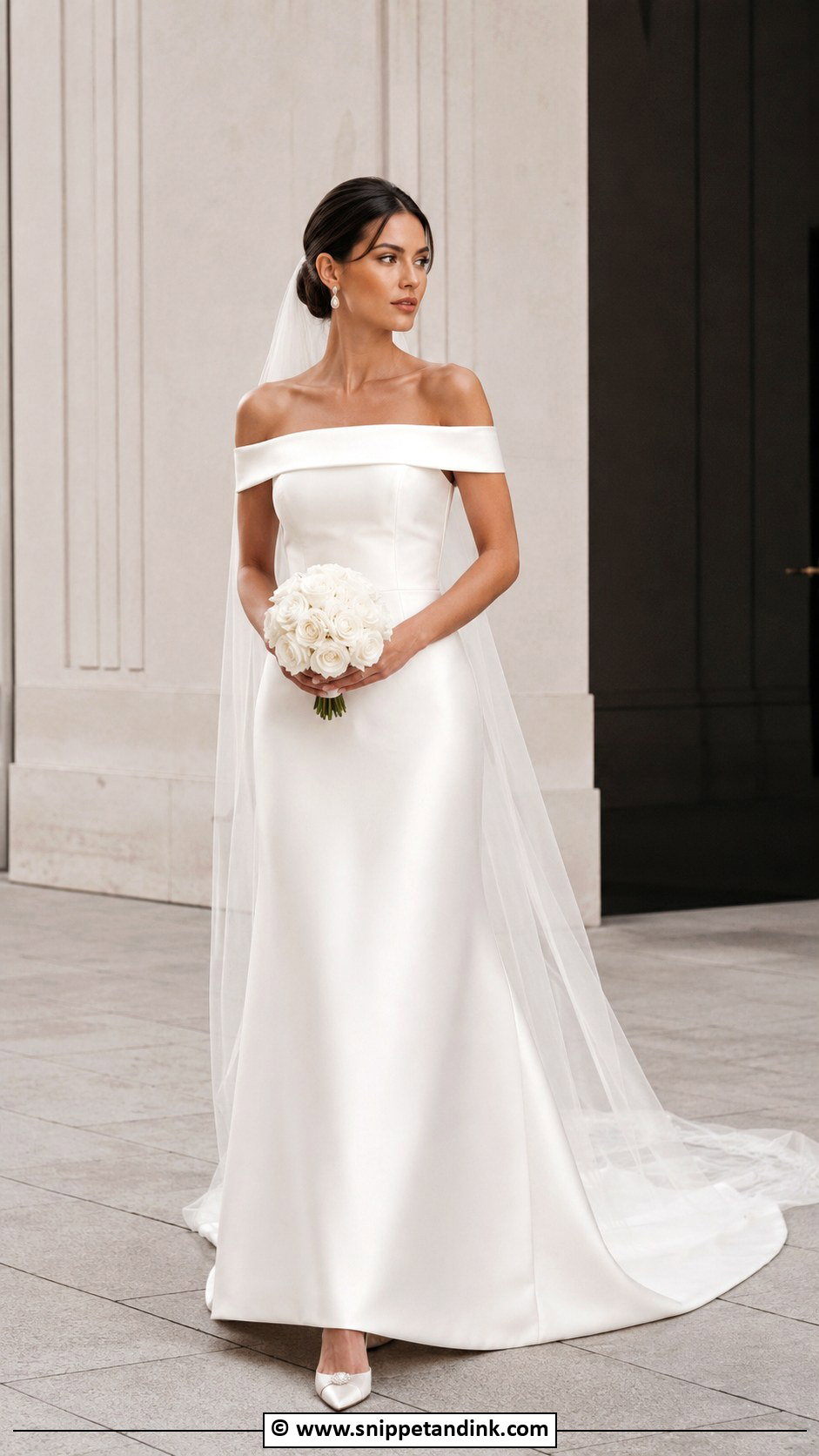 Off Shoulder Straight Neck Wedding Dress - Snippet and Ink - 35 Off Shoulder Wedding Dress Ideas