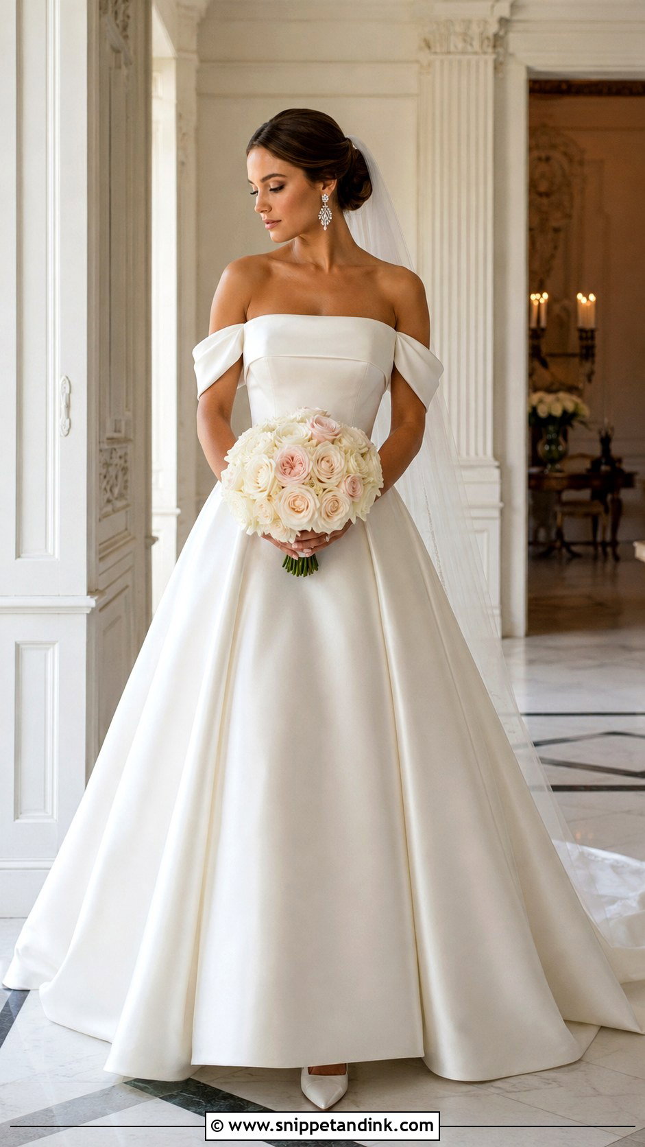 Off Shoulder Straight Neckline Wedding Dress - Snippet and Ink - 20 Straight Neckline Wedding Dress Ideas
