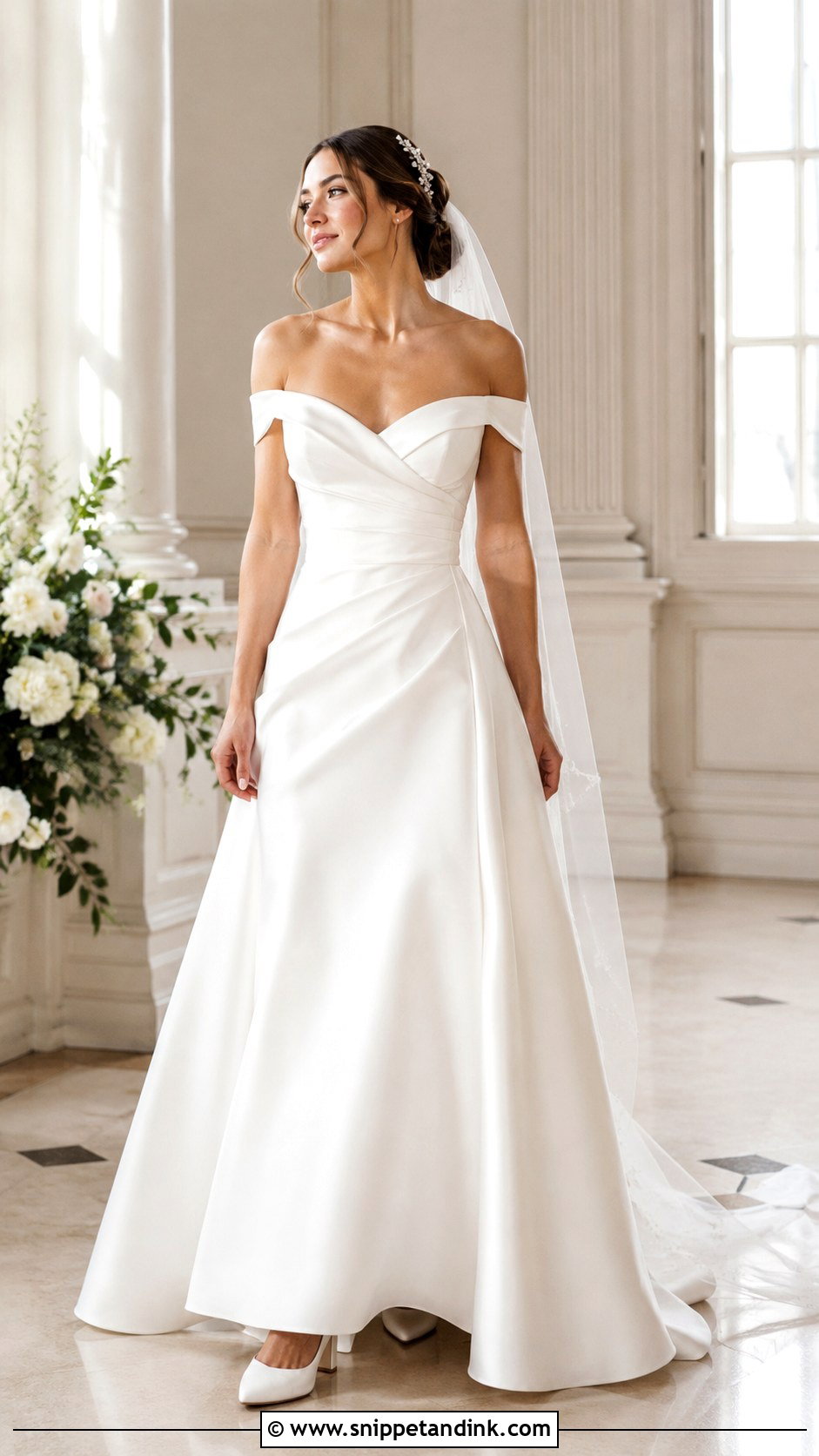 Off Shoulder Stretch Satin Wedding Dress - Snippet and Ink - 20 Comfy Wedding Dress Ideas