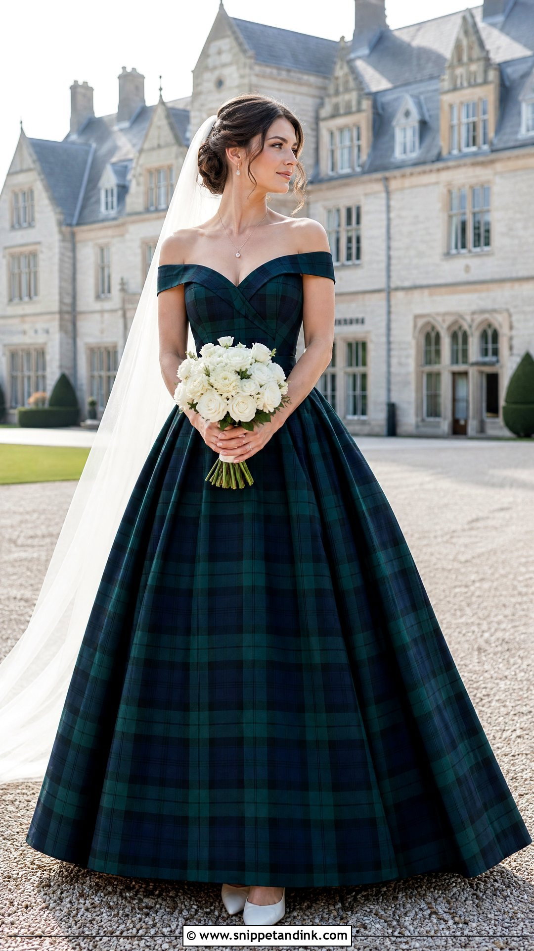 Off Shoulder Tartan Scottish Wedding Dress - Snippet and Ink - 20 Scottish Wedding Dresses