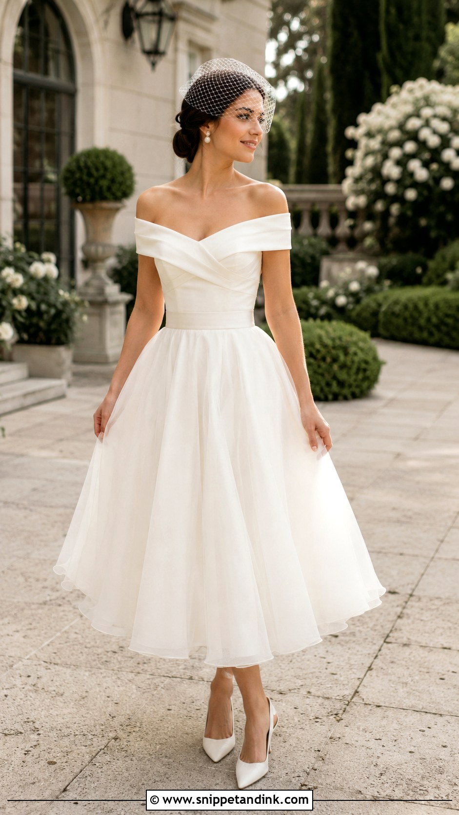 Off Shoulder Tea Length 50s Wedding Dress - Snippet and Ink - 20 50s Inspired Wedding Dress Ideas