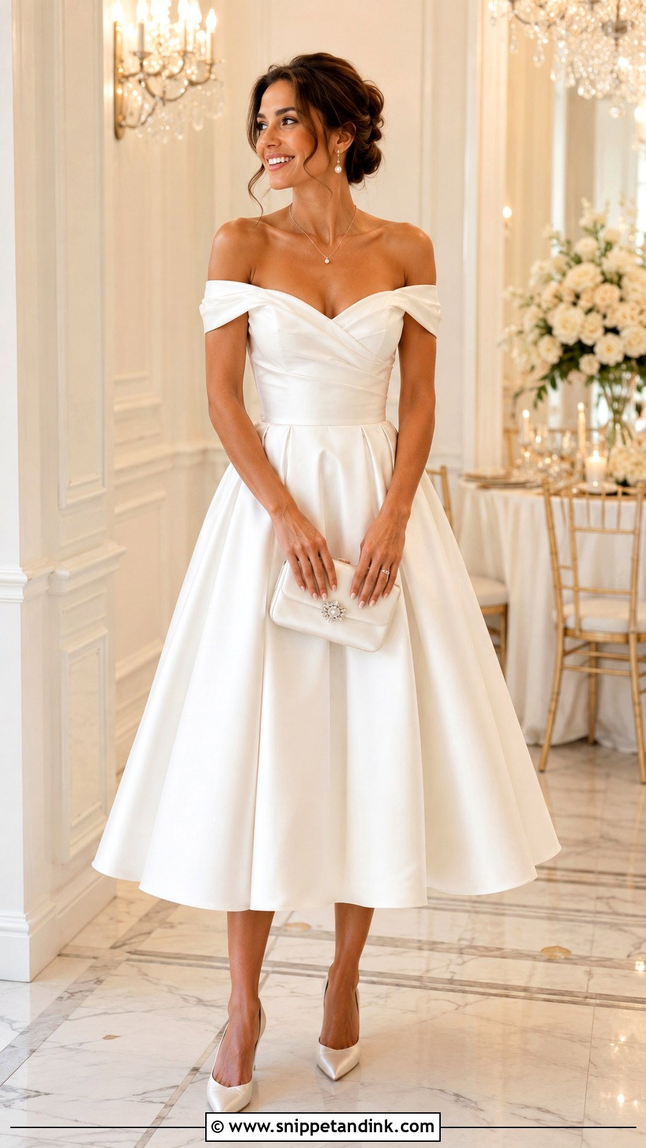 Off Shoulder Tea Length Bridal Changing Dress - Snippet and Ink - 20 Bridal Changing Dresses