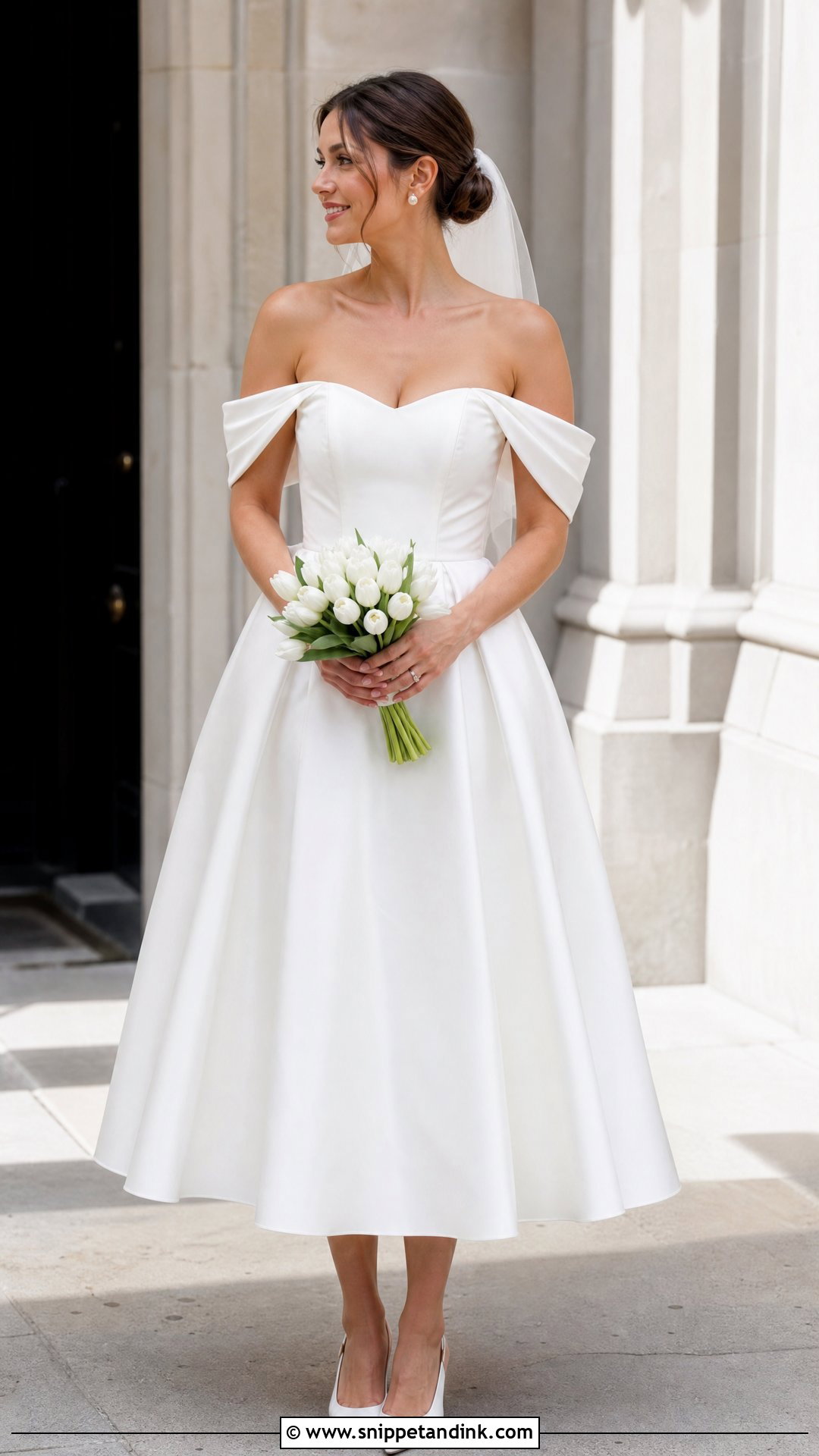 Off Shoulder Tea Length Sleeve Wedding Dress - Snippet and Ink - 20 Off Shoulder Sleeve Wedding Dress Ideas