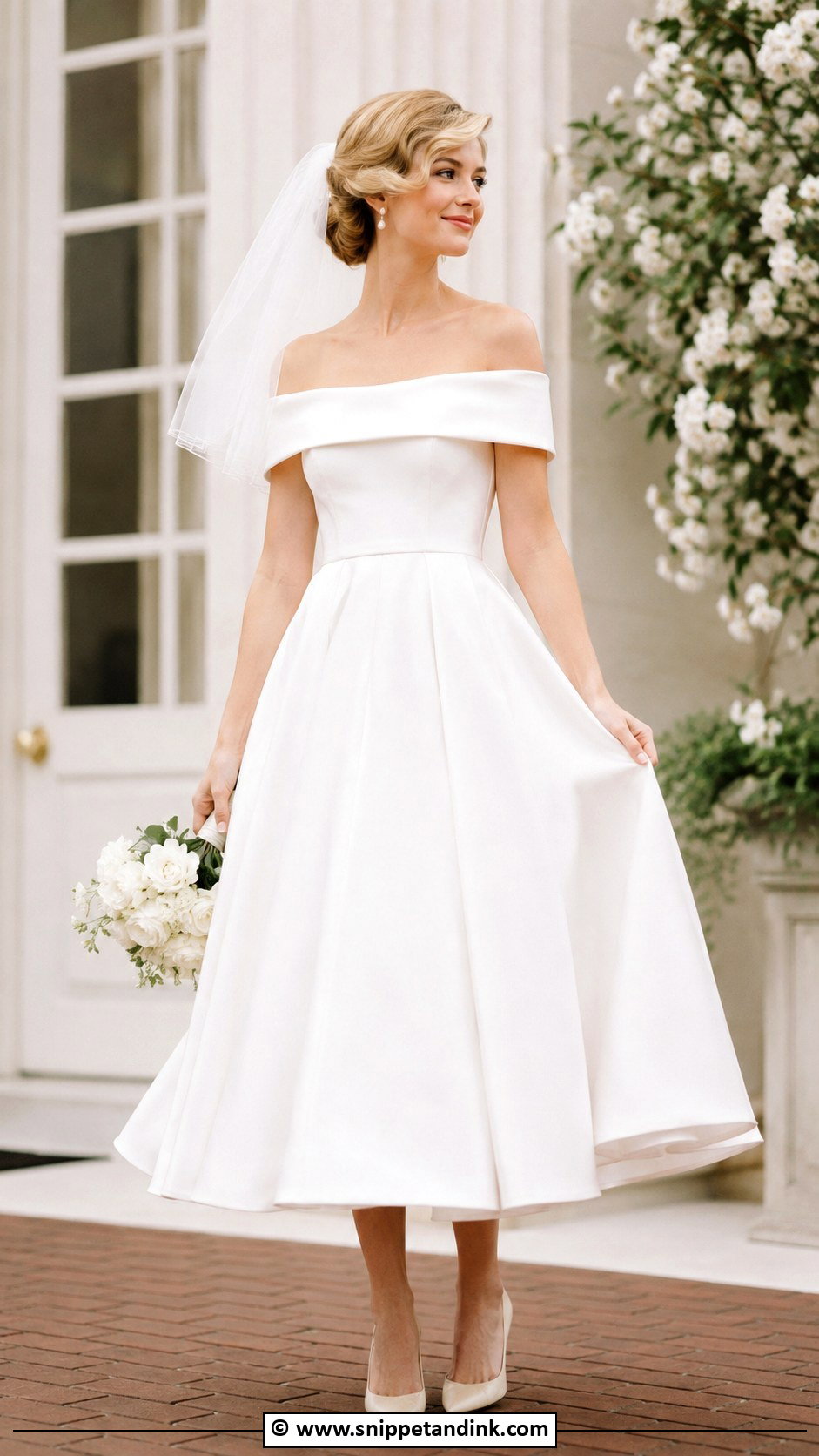 Off Shoulder Tea Length Wedding Dress - Snippet and Ink - 35 Off Shoulder Wedding Dress Ideas