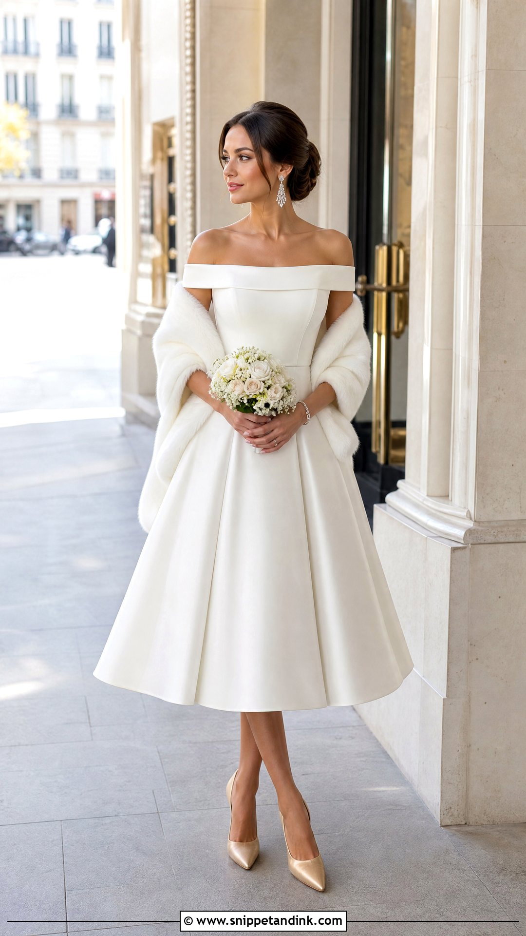 Off Shoulder Tea Length Wedding Dress - Snippet and Ink - 20 Tea Length Wedding Ideas