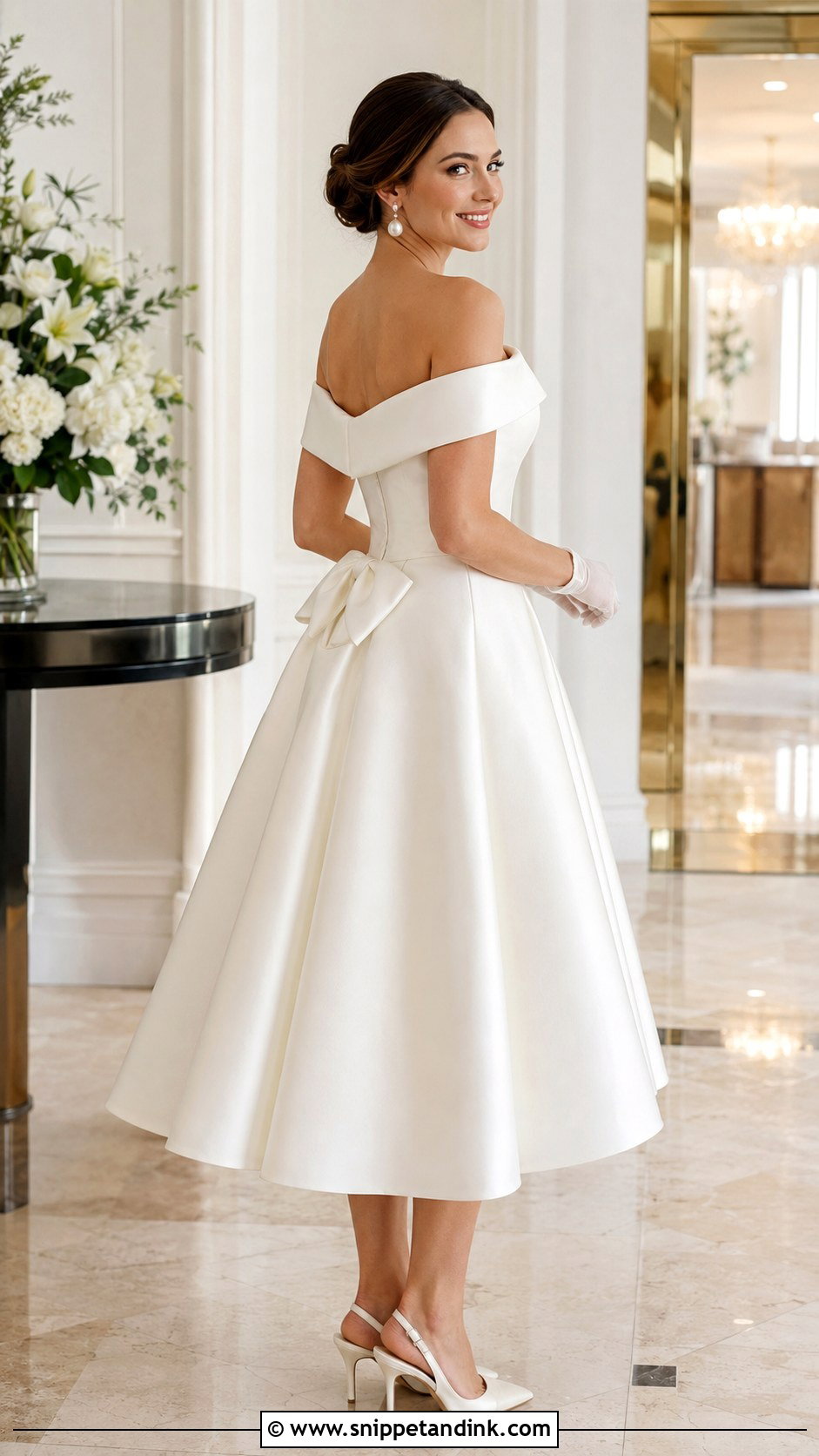 Off Shoulder Tea Length Wedding Dress - Snippet and Ink - 20 Elegant Midi Wedding Dress Ideas