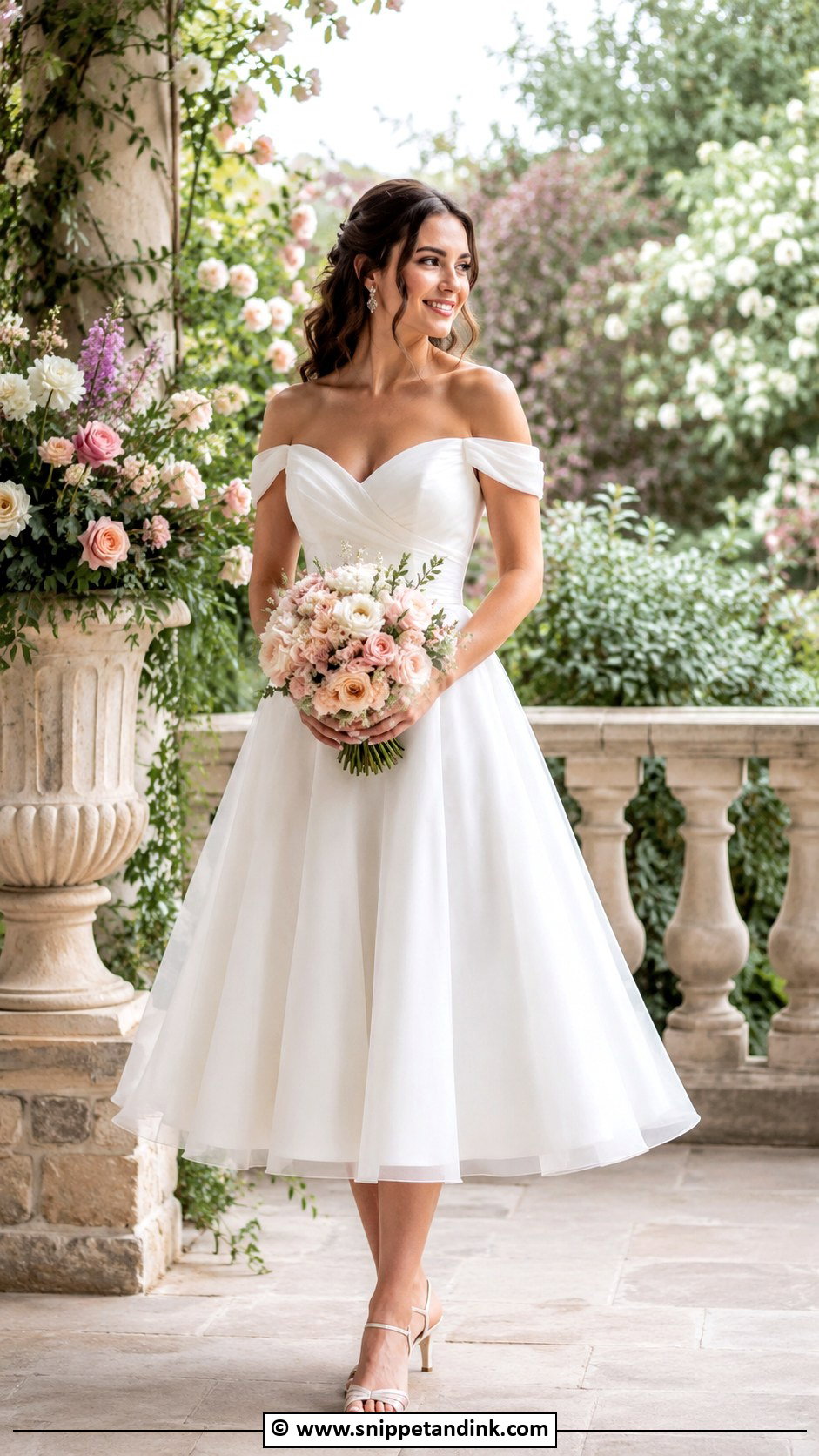 Off Shoulder Tea Length Wedding Dress - Snippet and Ink - 30 Tea Length Wedding Dress Ideas