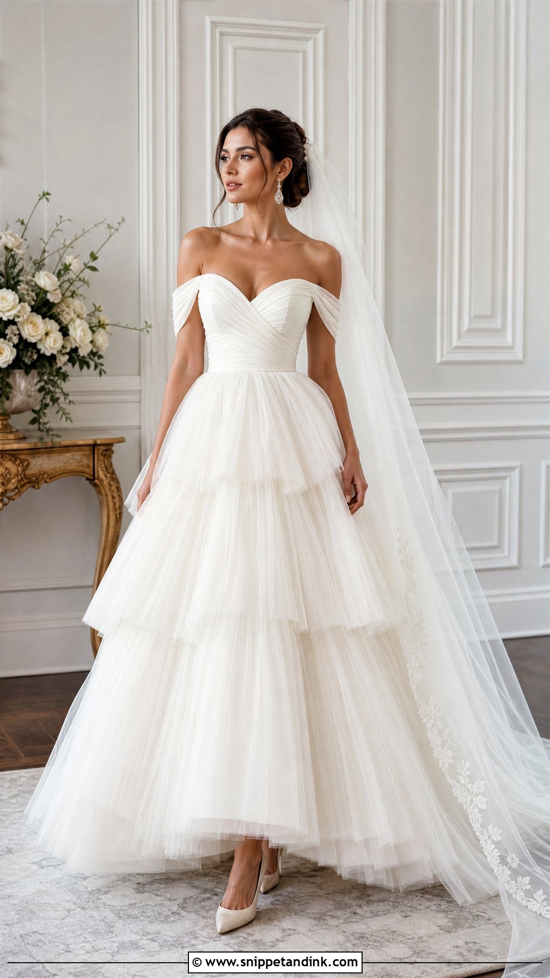 Off Shoulder Tiered Tulle Wedding Dress - Snippet and Ink - 20 Tiered Tulle Wedding Dress Ideas
