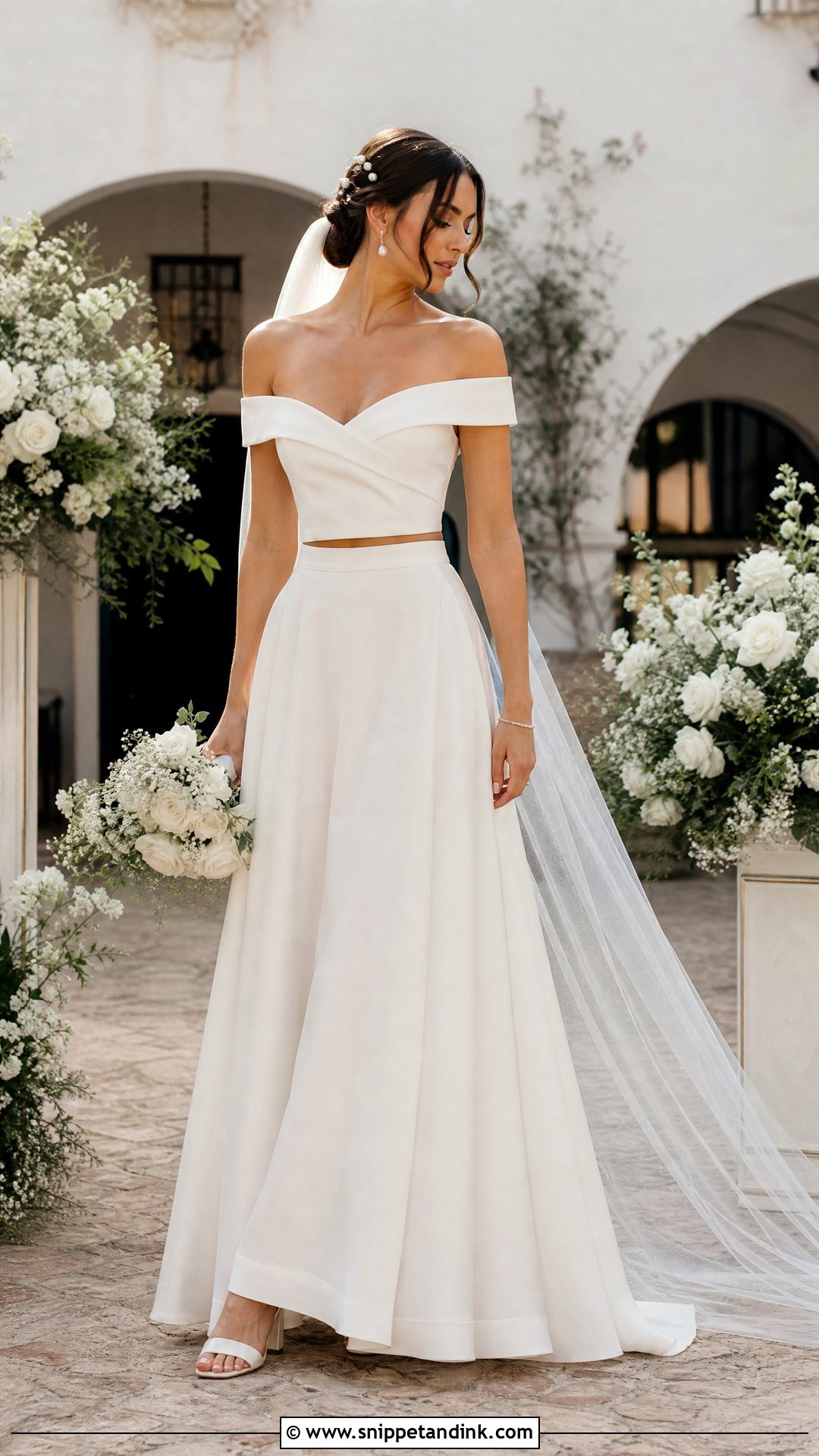 Off Shoulder Top And A Line Skirt Bridal Set - Snippet and Ink - 25 Bridal Two Piece Set Ideas