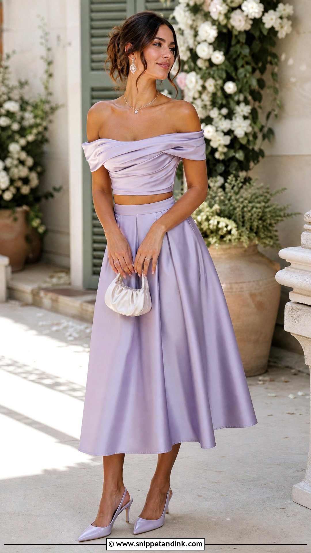 Off Shoulder Top And A Line Skirt Two Piece Wedding Outfit - Snippet and Ink - 20 Two Piece Wedding Outfit Ideas