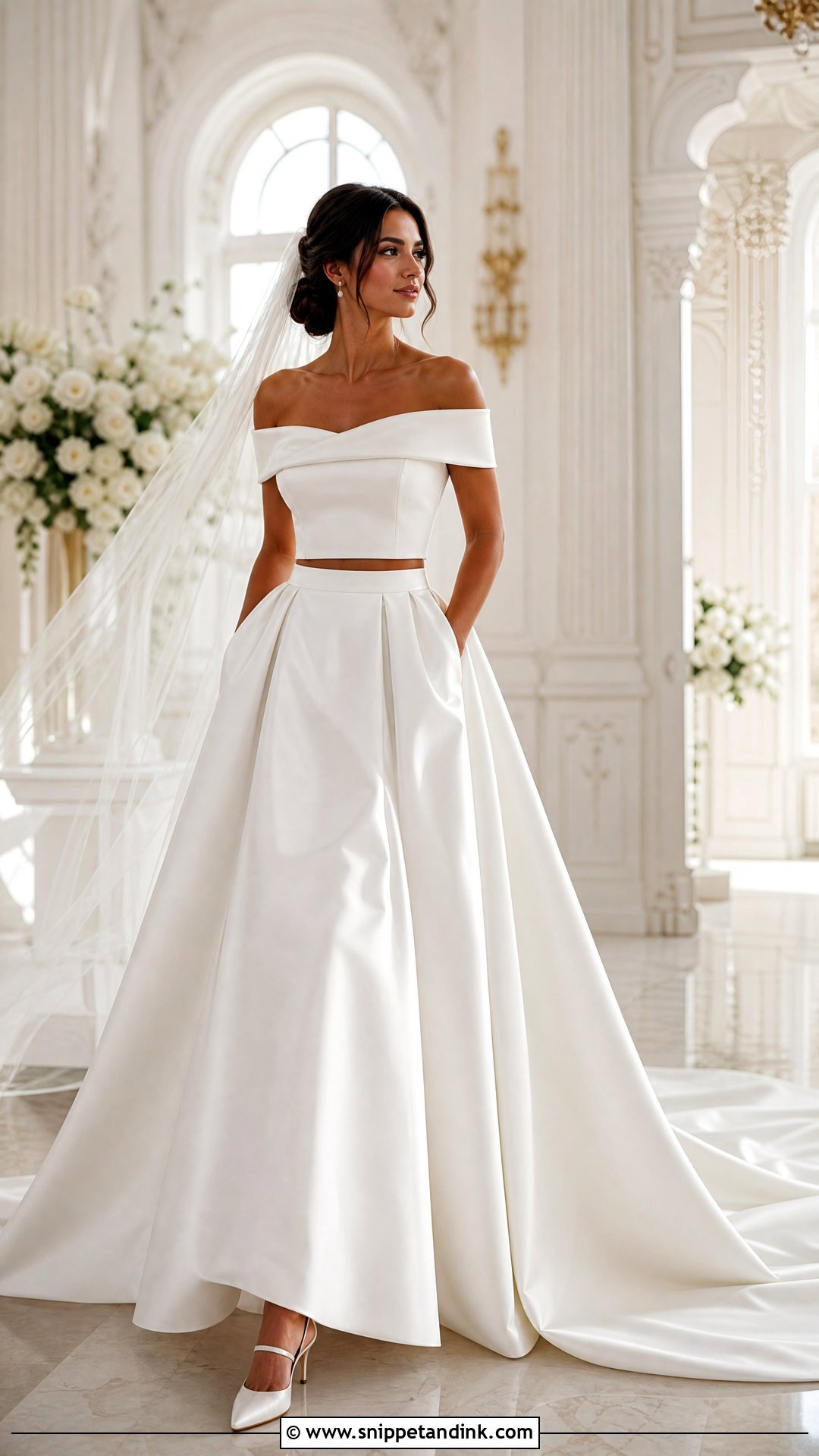 Off Shoulder Top And Mikado Skirt Two Piece Wedding Dress - Snippet and Ink - 20 Wedding Two Piece Dress Ideas