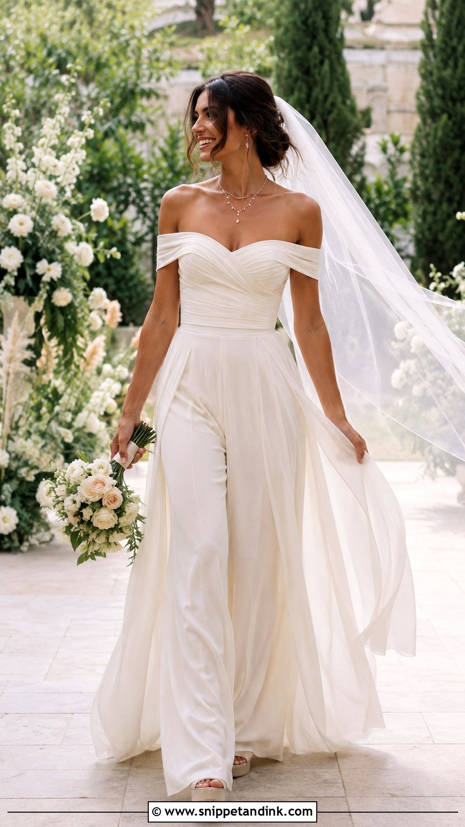 Off Shoulder Top And Palazzo Bridal Pants - Snippet and Ink - 20 Bridal Pants Ideas