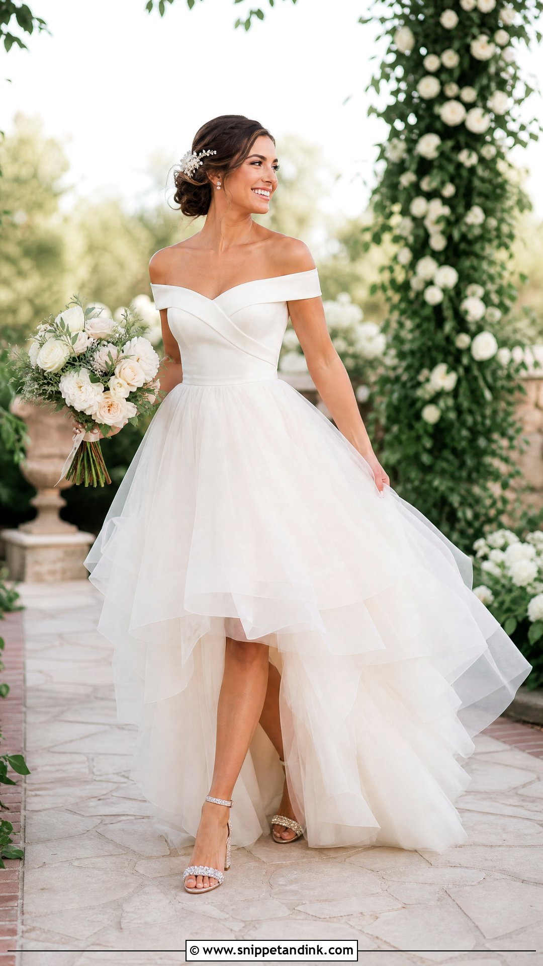 Off Shoulder Top And Tulle Bridal Skirt - Snippet and Ink - 20 Two Piece Bridal Outfit Ideas