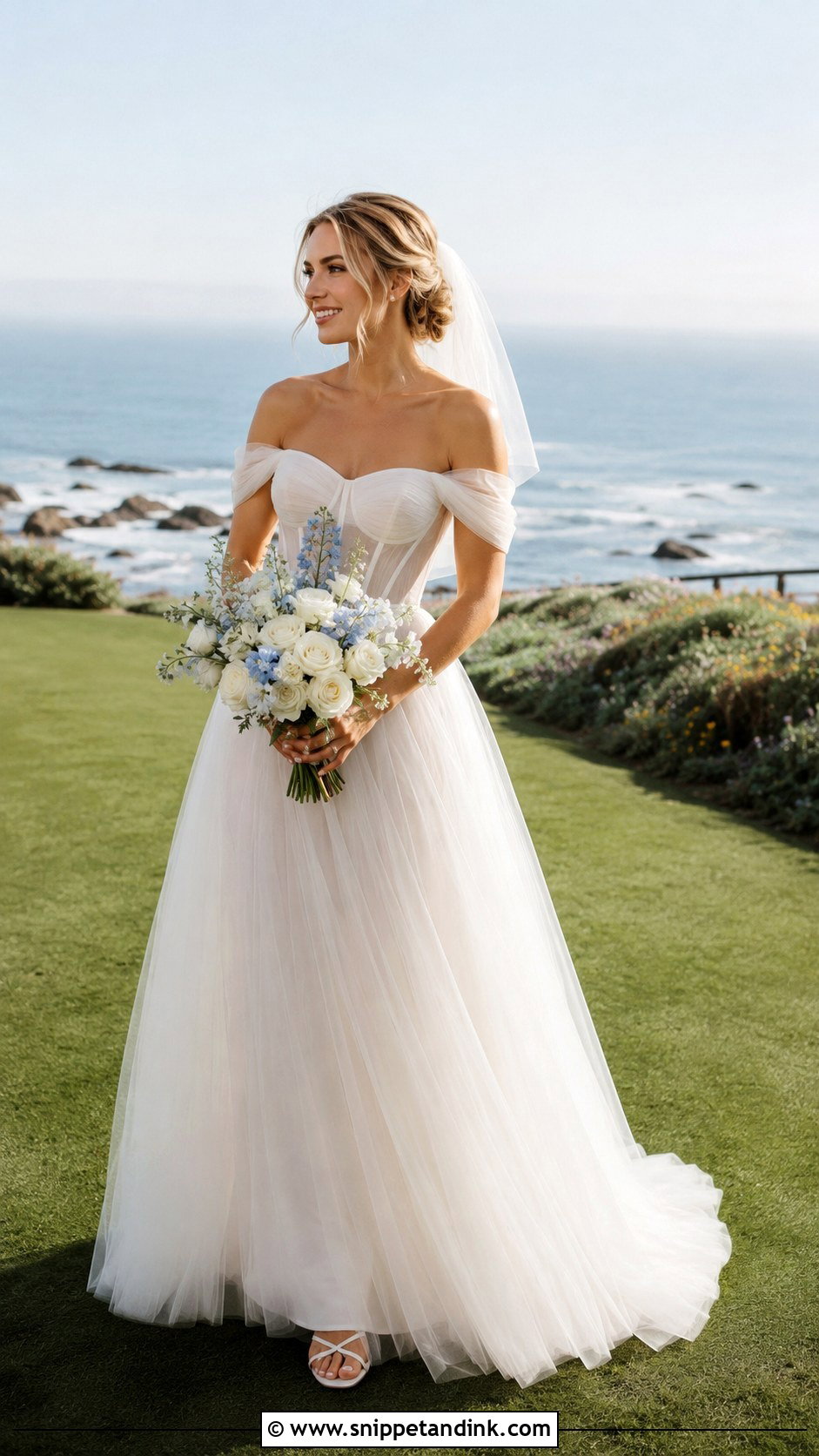 Off Shoulder Tulle Ocean Wedding Dress - Snippet and Ink - 20 Ocean Wedding Dress Ideas