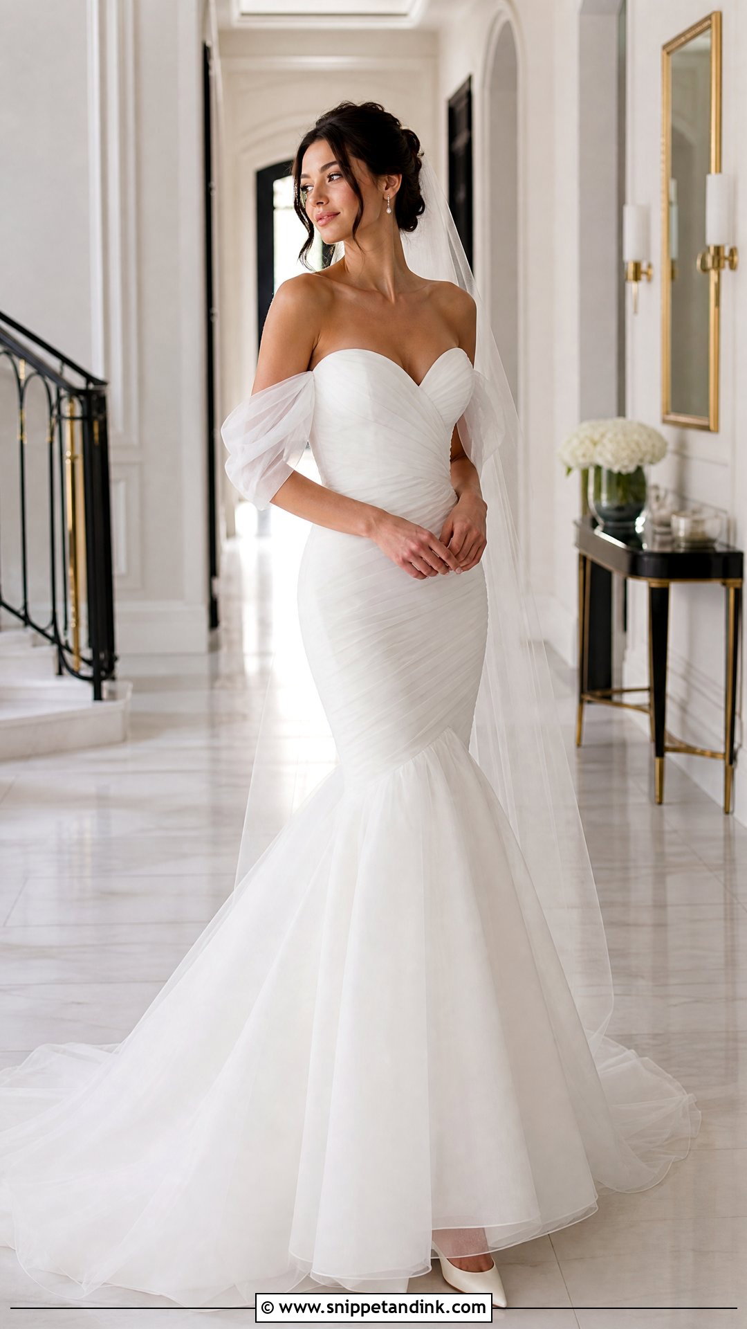 Off Shoulder Tulle Sleeve Mermaid Wedding Dress - Snippet and Ink - 20 Wedding Dress Tulle Sleeves
