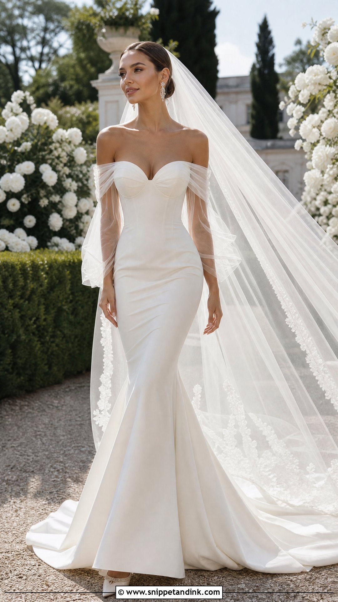 Off Shoulder Tulle Sleeve Mermaid Wedding Dress - Snippet and Ink - 20 Tulle Sleeve Wedding Dress Ideas