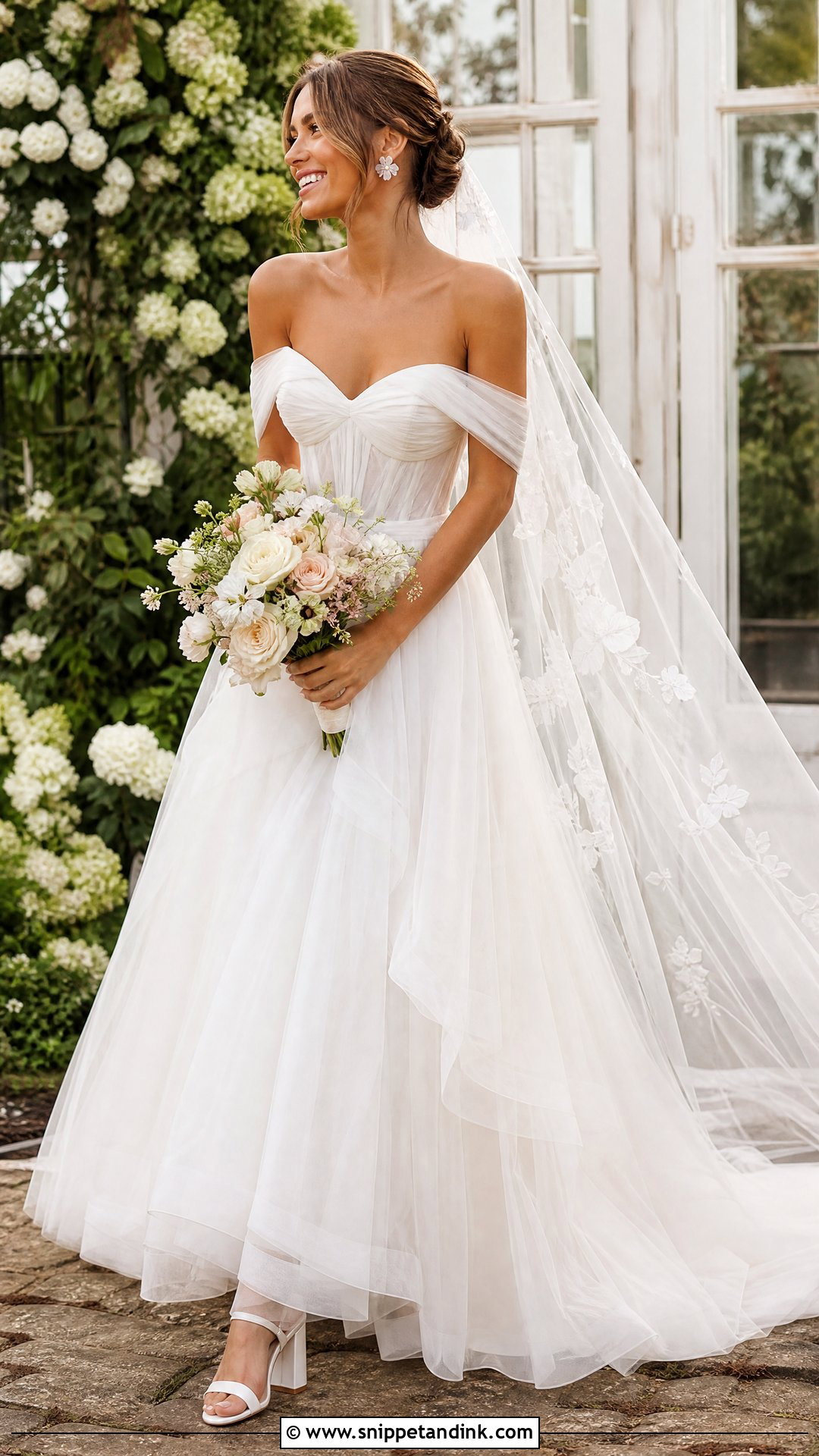 Off Shoulder Tulle Wedding Dress With Floral Veil - Snippet and Ink - 20 Wedding Dress Combination Ideas