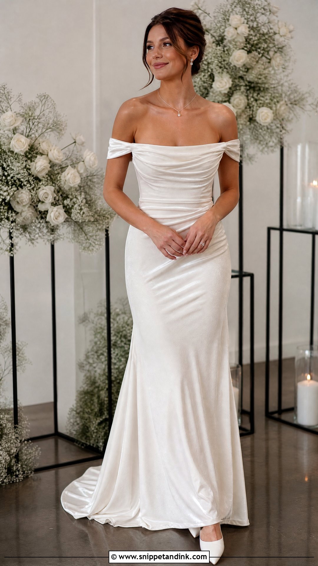 Off Shoulder Velvet Wedding Dress - Snippet and Ink - 25 Velvet Wedding Dress Ideas