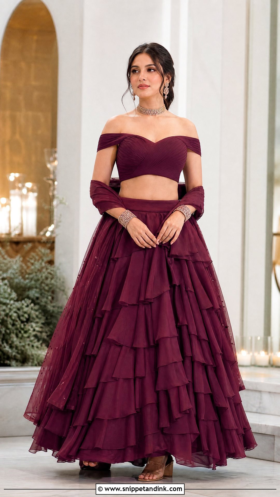 Off Shoulder Wedding Blouse With Ruffle Lehenga - Snippet and Ink - 20 Wedding Blouses Ideas
