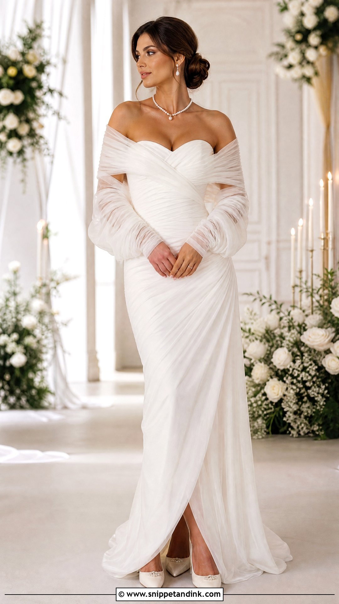 Off Shoulder Wedding Bolero Jacket With Fitted Gown - Snippet and Ink - 20 Wedding Bolero Jacket Ideas