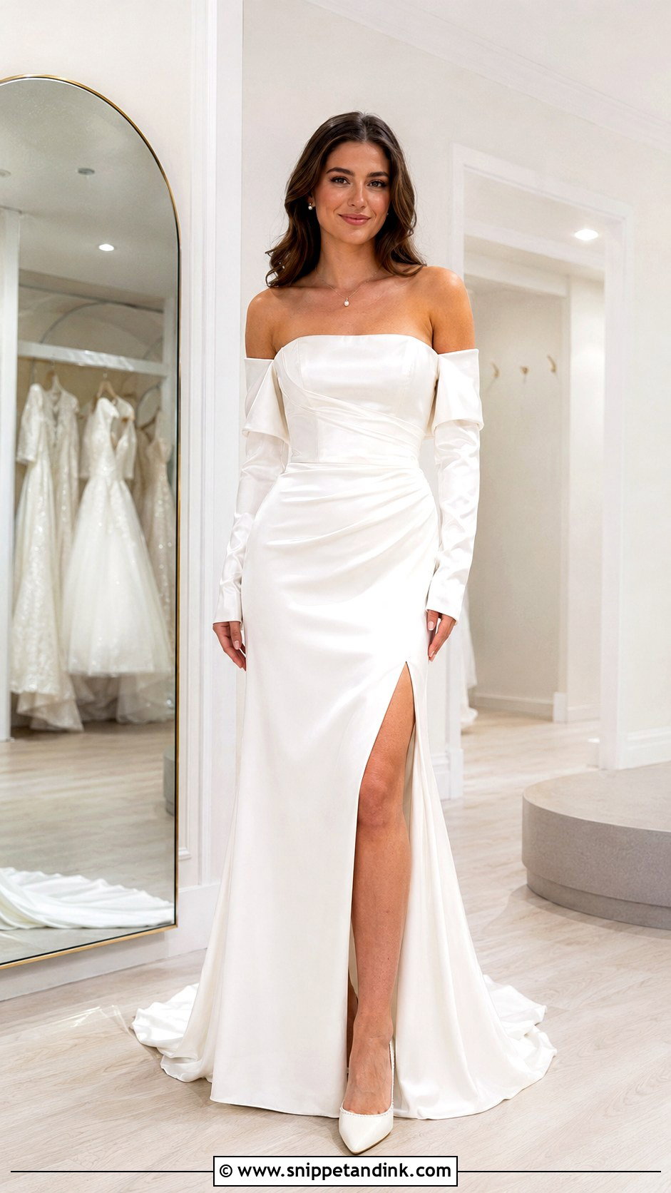 Off Shoulder Wedding Bolero With Satin Gown - Snippet and Ink - 25 Wedding Bolero Ideas