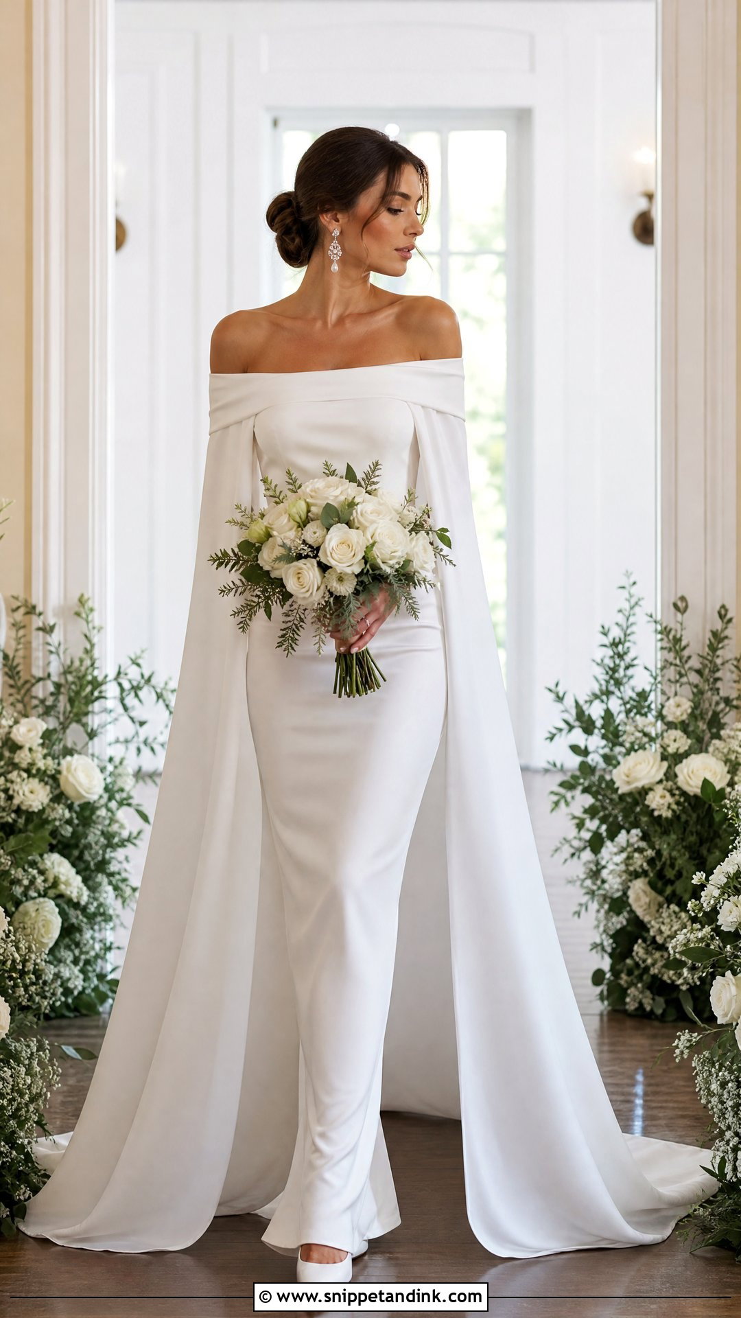 Off Shoulder Wedding Cloak With Fitted Gown - Snippet and Ink - 25 Wedding Cloak Ideas